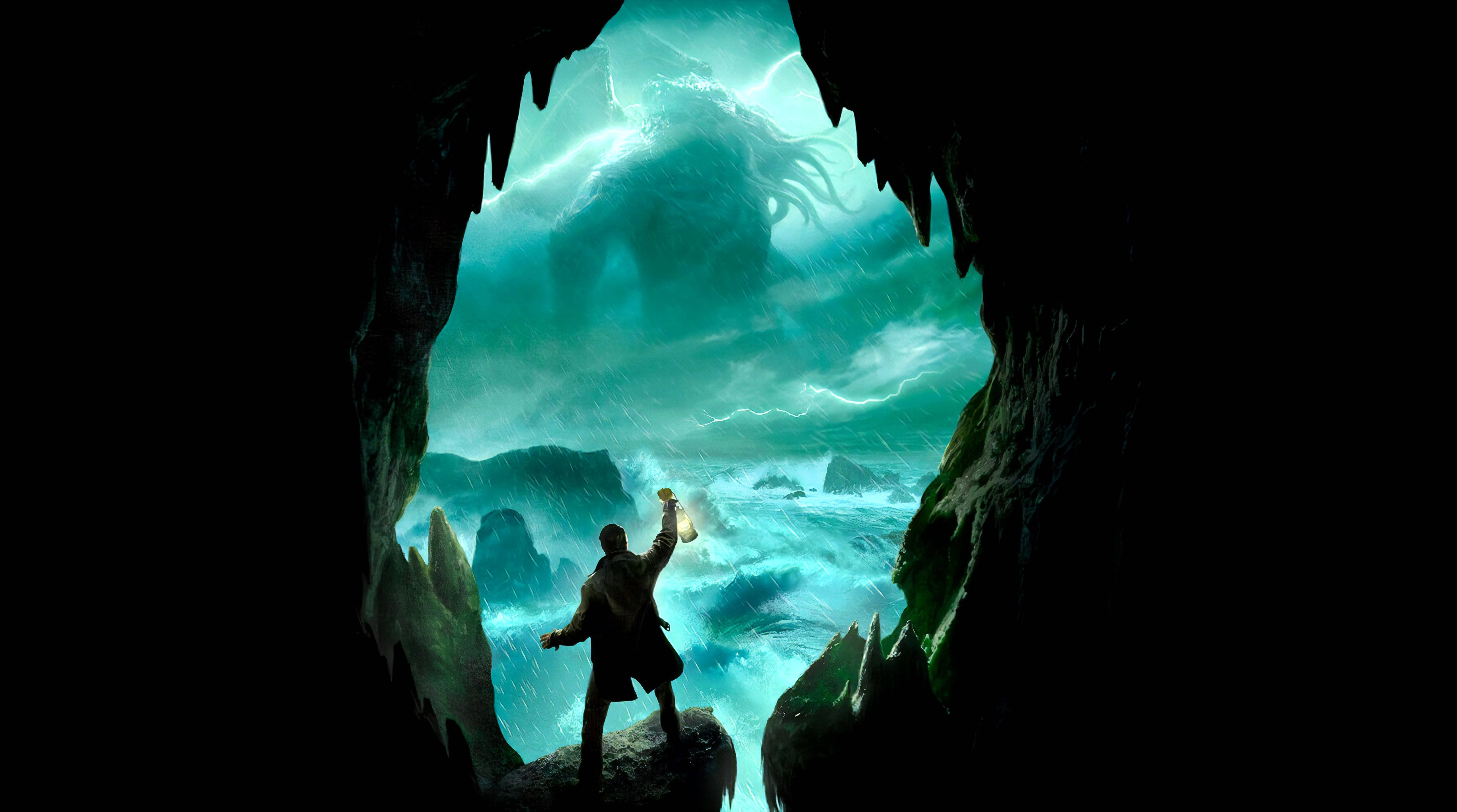 Cthulhu, cave, lantern, 5K Desktop Wallpaper