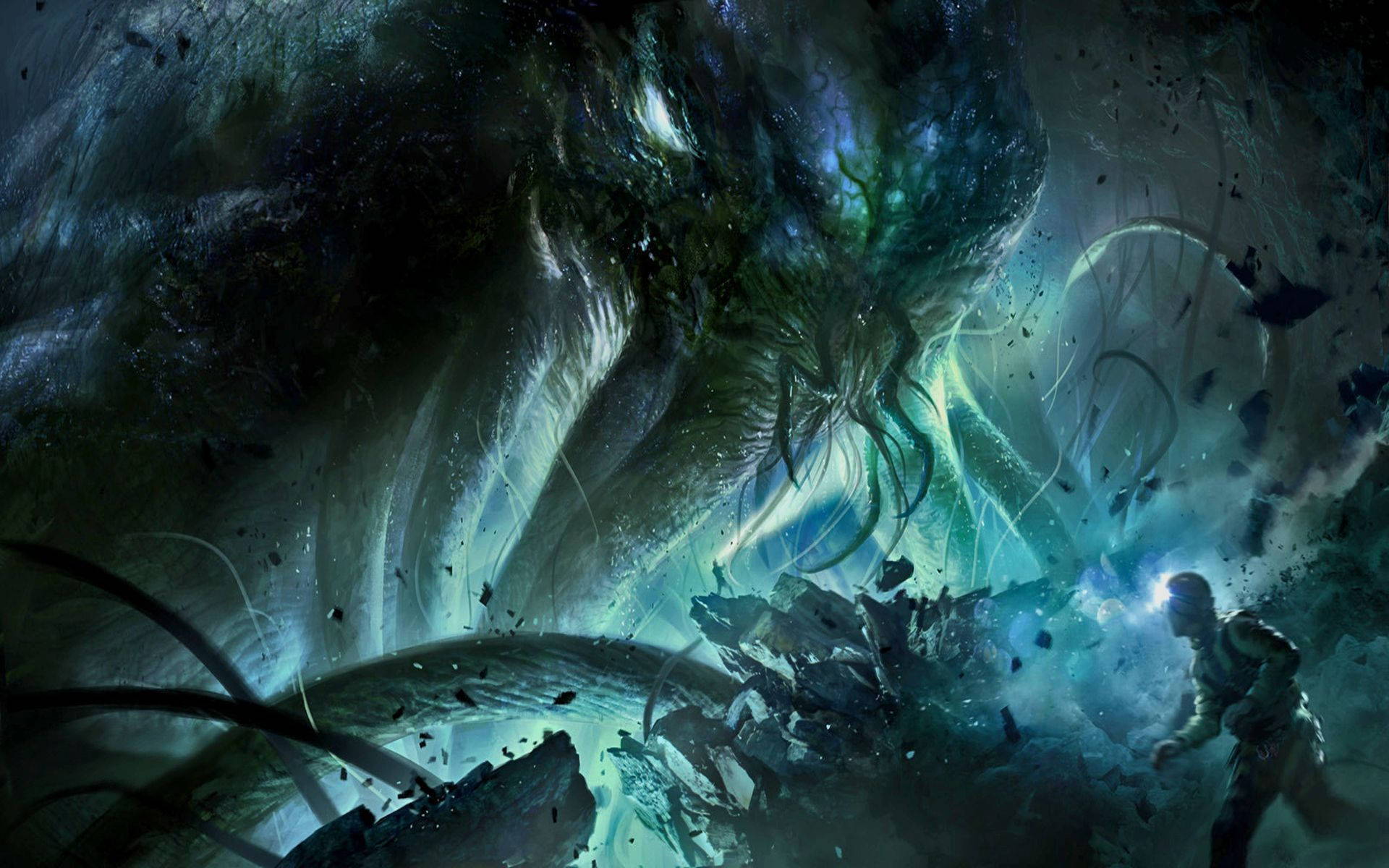 Cthulhu, glowing alien entity, shattered cosmic ruin, Full HD Desktop Wallpaper