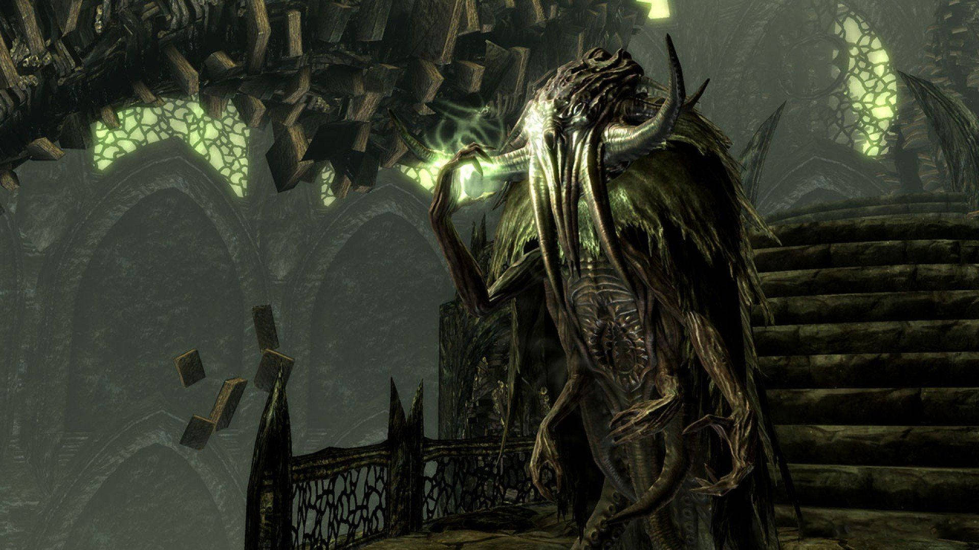 Cthulhu, grotesque horned creature, glowing green eyes, Full HD Desktop Wallpaper