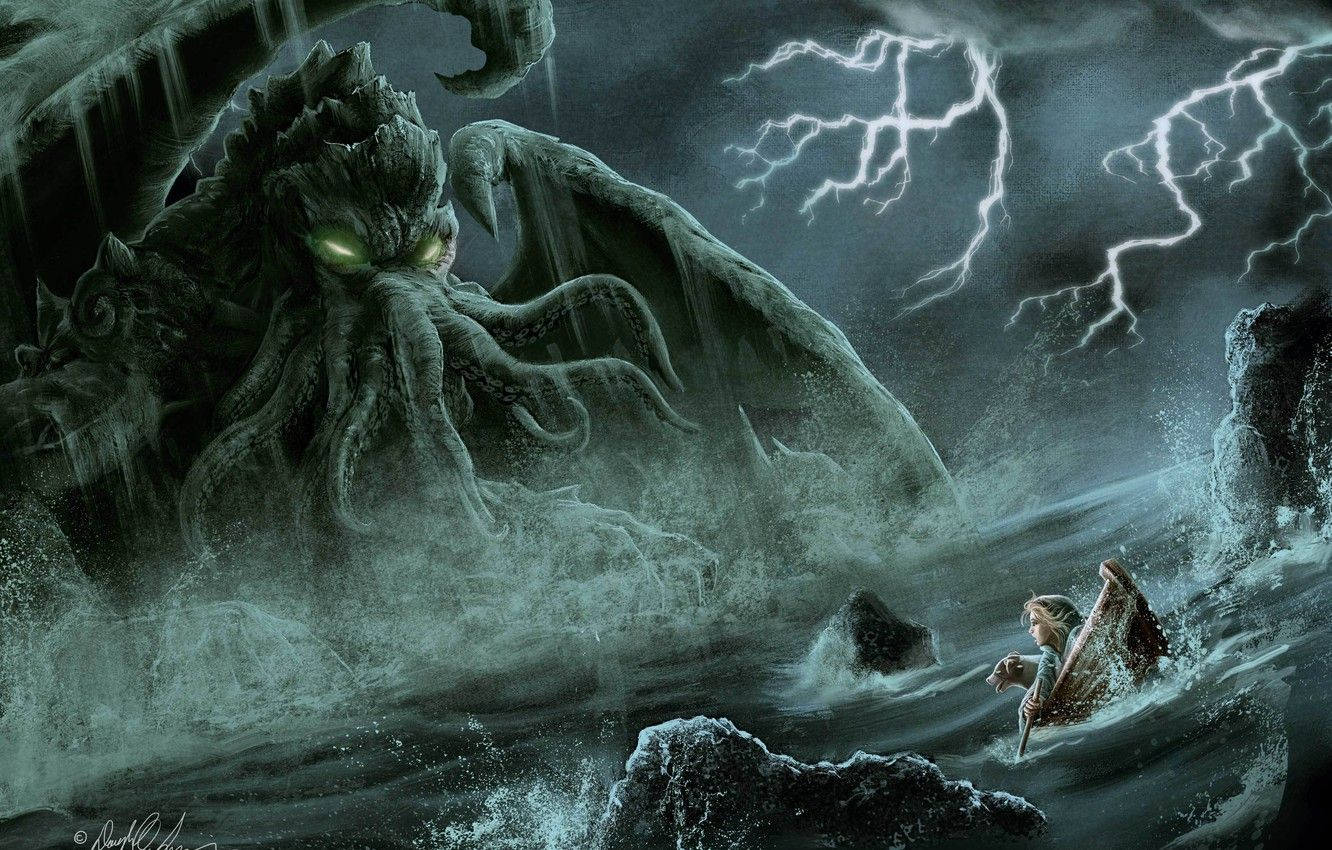 Cthulhu, sinking boat, starlit night, HD Desktop Wallpaper