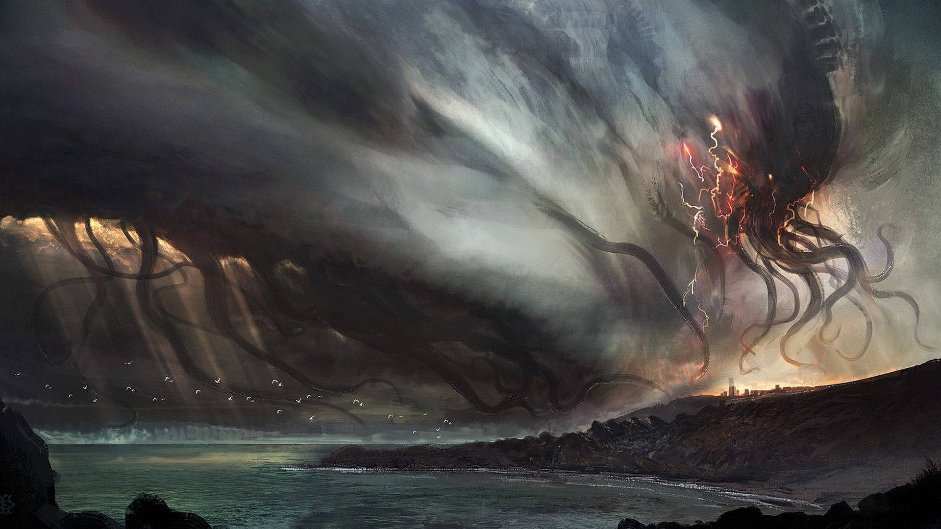 Cthulhu, storm, beach, Full HD Desktop Wallpaper