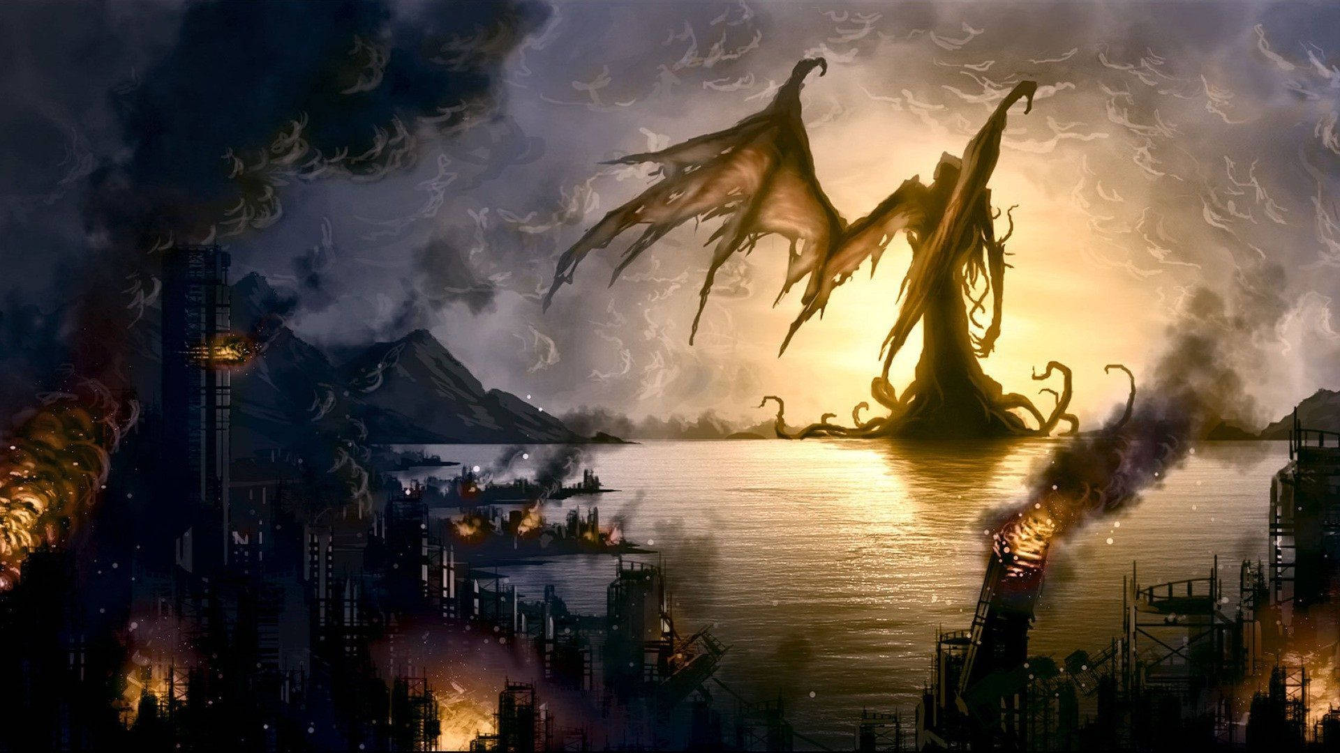 Cthulhu, burning industrial waterfront, sunset, Full HD Desktop Wallpaper