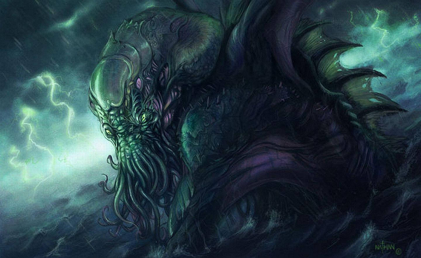 Cthulhu, colossal tentacled sea monster, glowing eyes, HD Desktop Wallpaper
