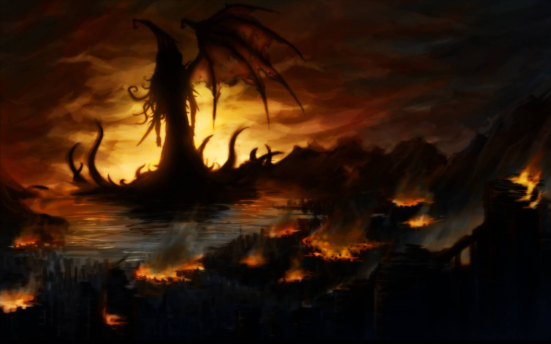 Cthulhu, silhouette, burning city, Full HD Desktop Wallpaper