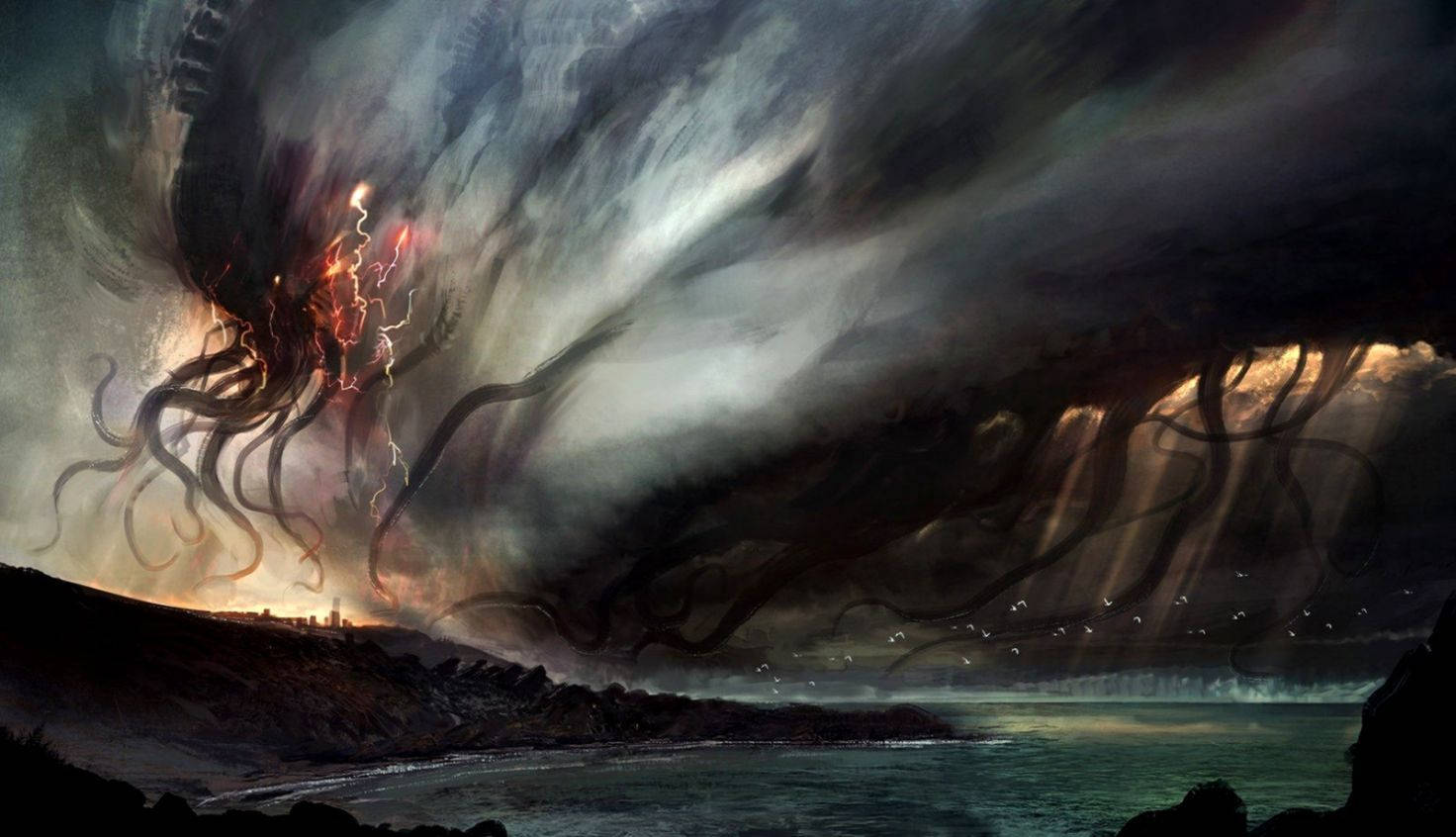 Cthulhu, stormy coastal landscape, dusk, HD Desktop Wallpaper