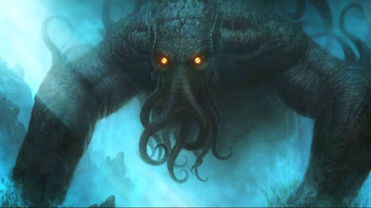 Cthulhu, dark octopus, glowing orange eyes, HD Desktop Wallpaper