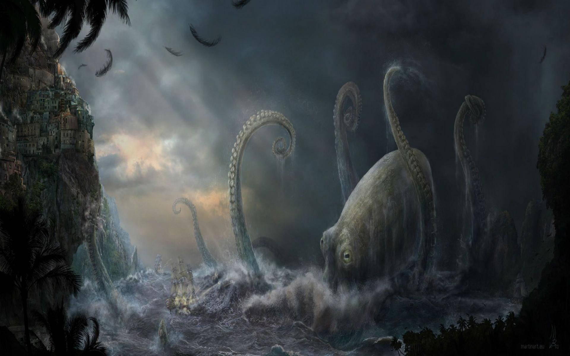 Cthulhu, kraken, stormy seas, Full HD Desktop Wallpaper