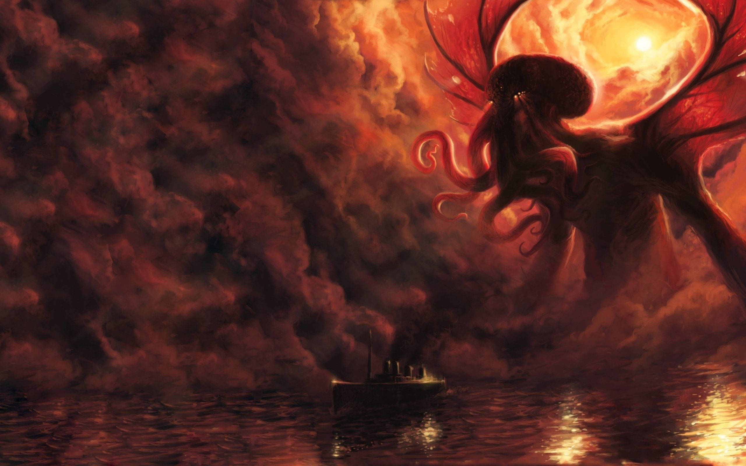 Cthulhu, red-winged cosmic horror, tentacles, 2K Desktop Wallpaper