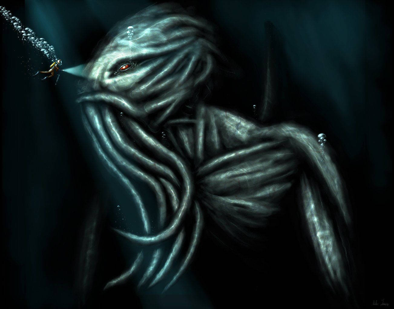 Cthulhu, deep-sea creature, glowing red eyes, HD Desktop Wallpaper