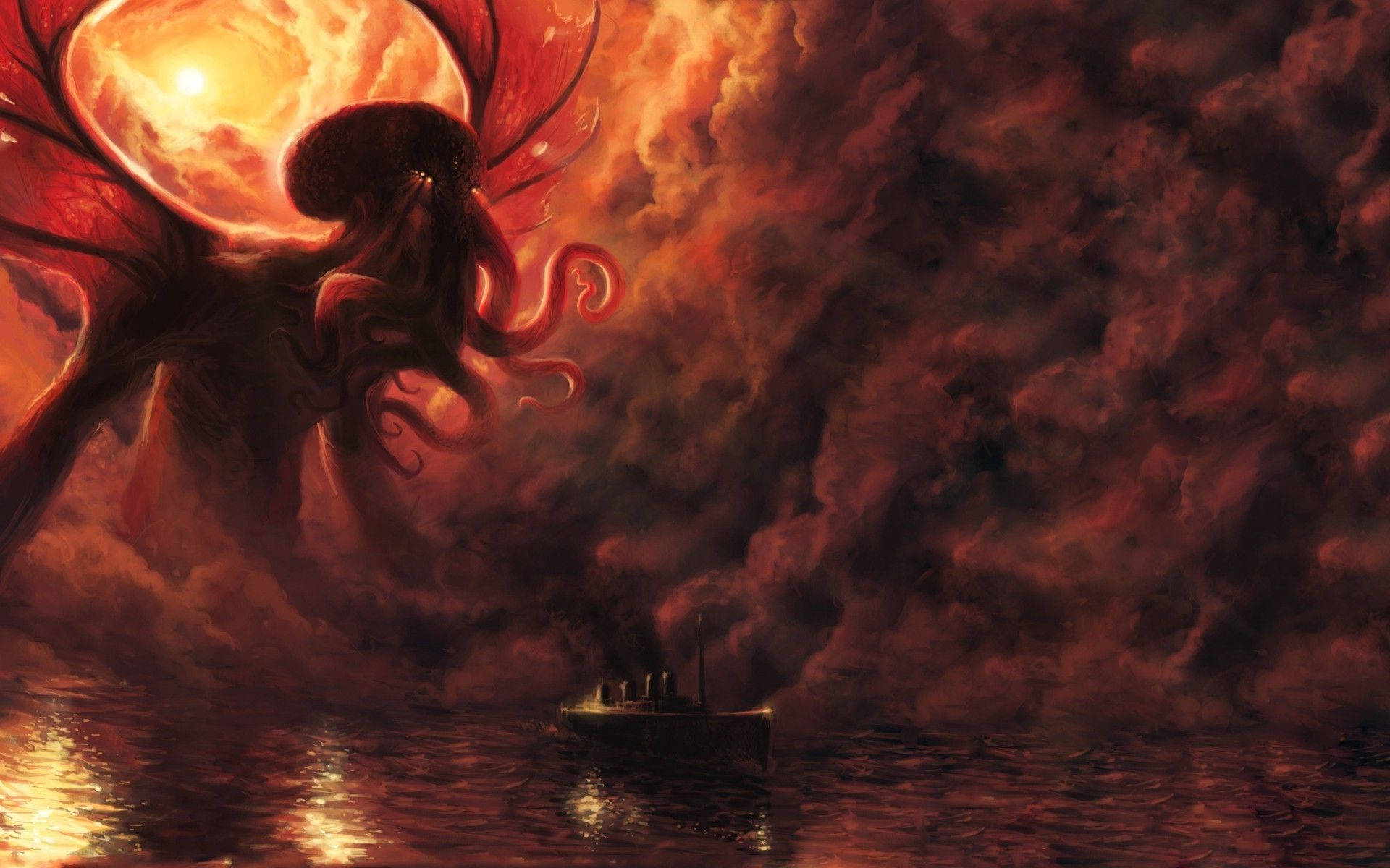 Cthulhu, burning red sky, glowing eyes, Full HD Desktop Wallpaper