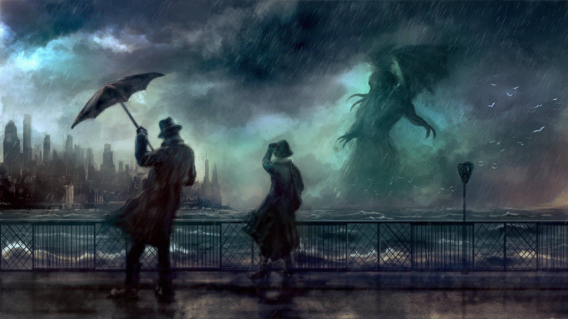 Cthulhu, sea, rain-slicked pier, Full HD Desktop Wallpaper
