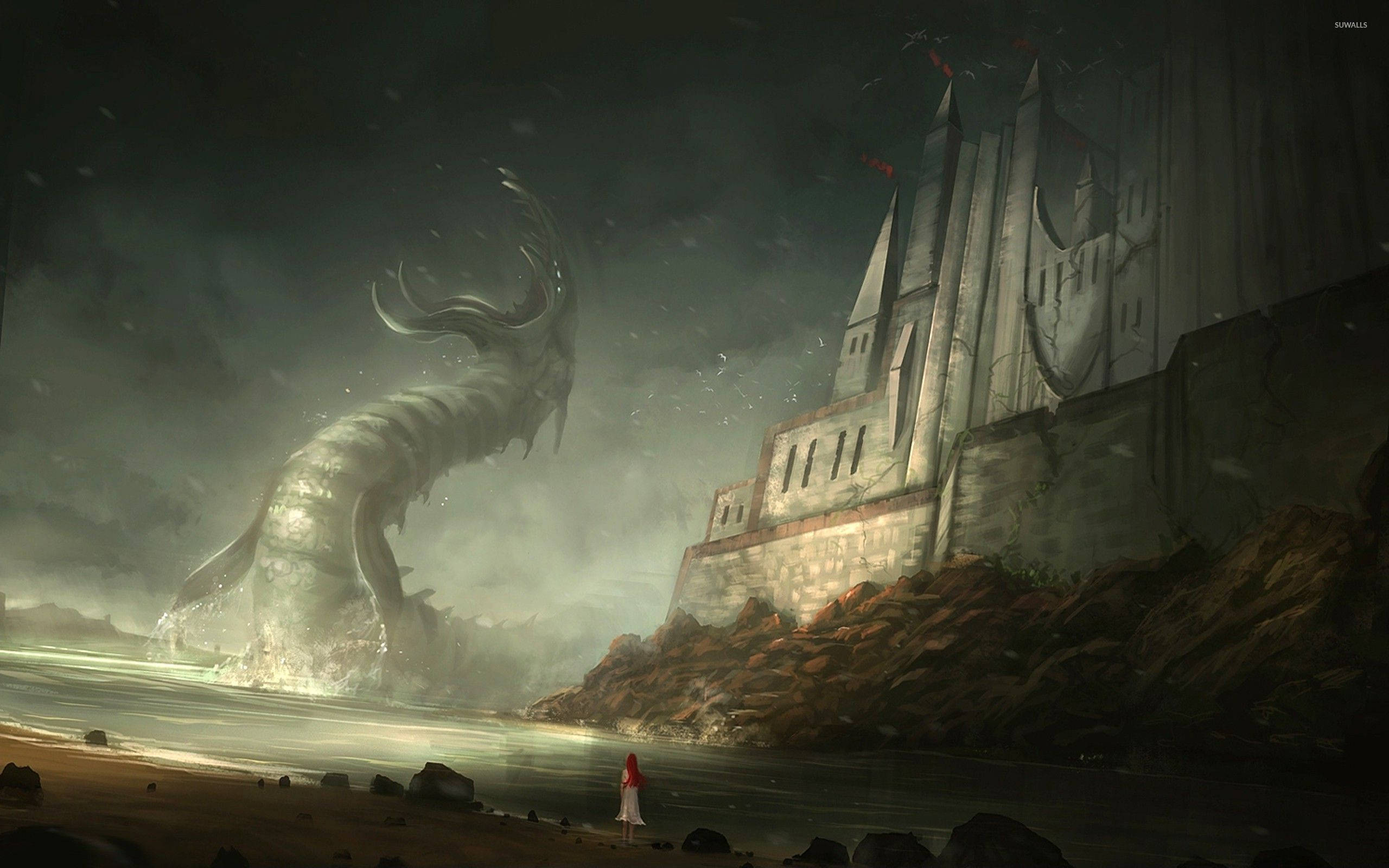 Cthulhu, beach castle, colossal sea serpent, 2K Desktop Wallpaper