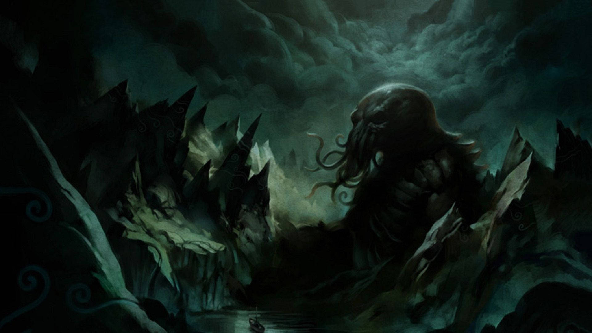 Cthulhu, stormy skies, dark waters, Full HD Desktop Wallpaper