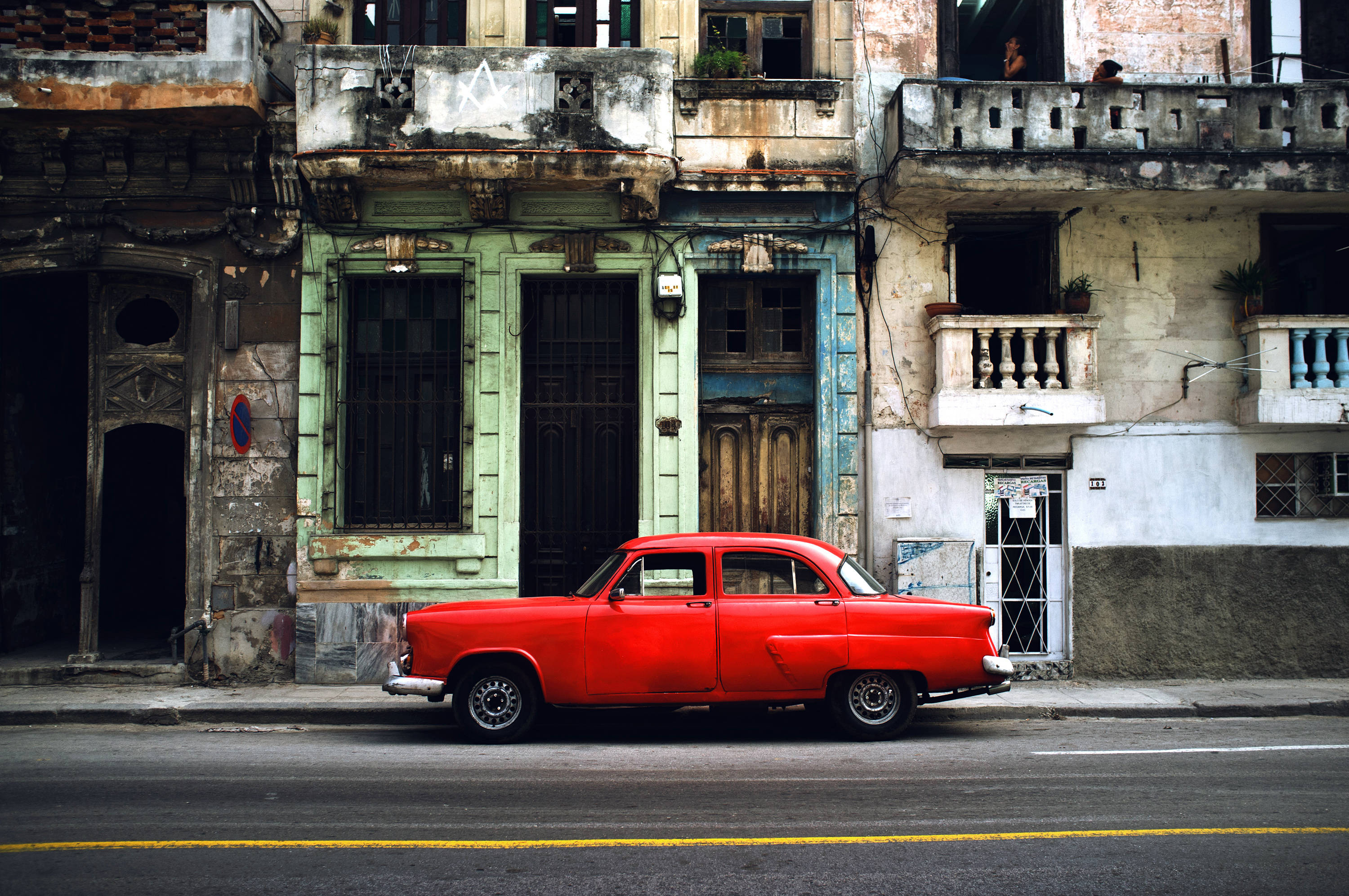 vintage car, vibrant red, weathered street, 2K Desktop Wallpaper