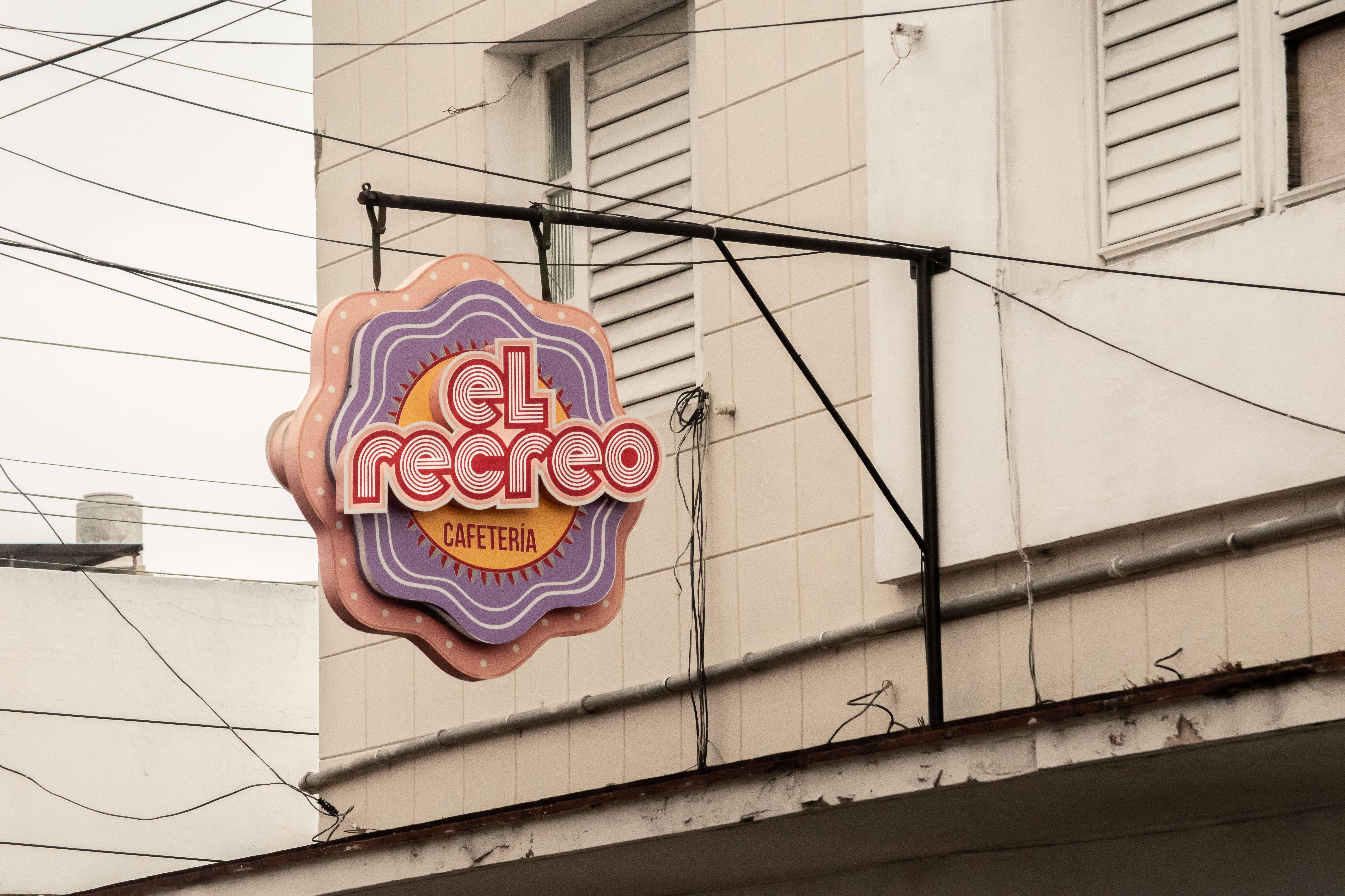 el recreo, vintage-style cafe sign, weathered building facade, 5K Desktop Wallpaper