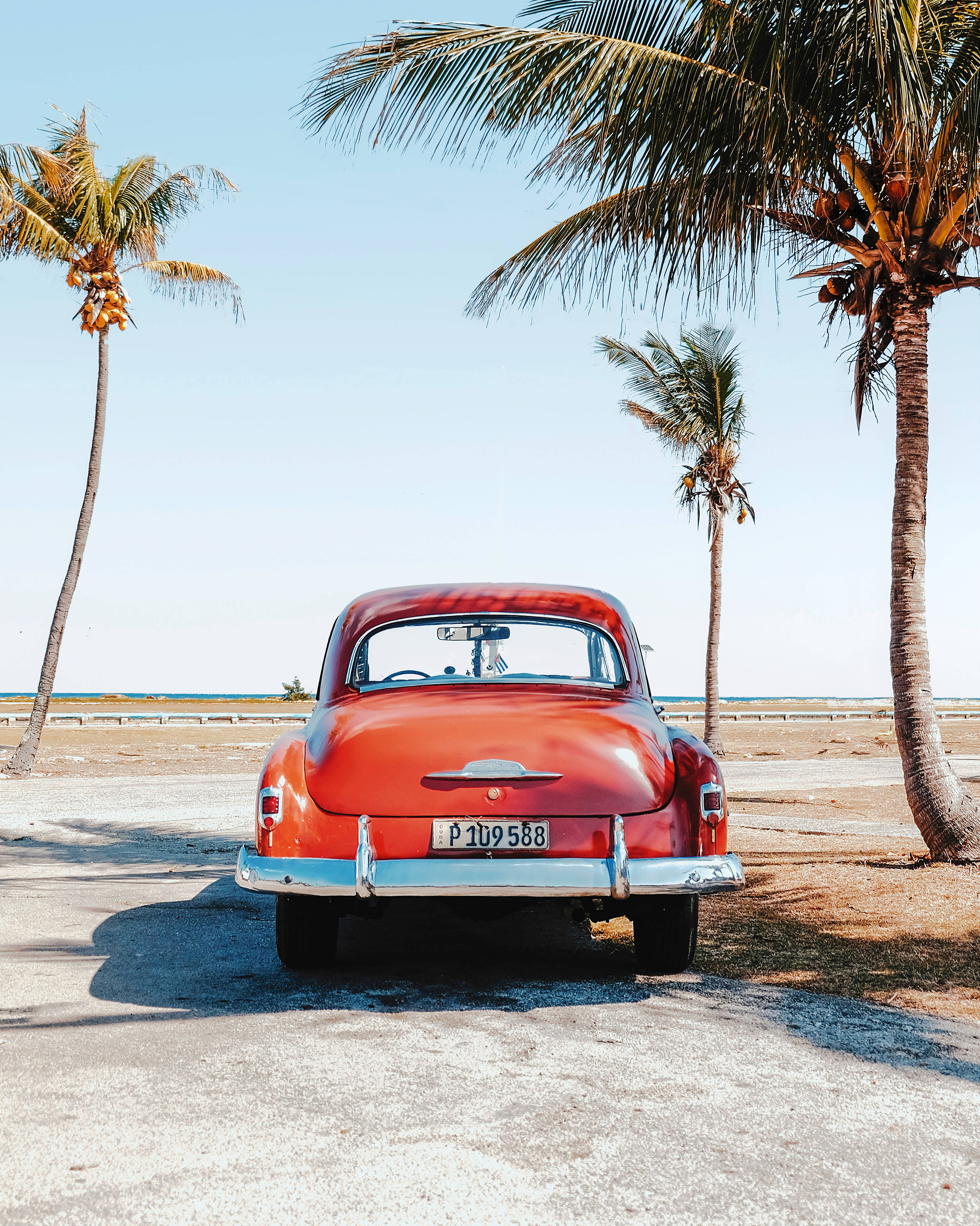 red classic car, Cuba, palm trees, 5K Phone Wallpaper