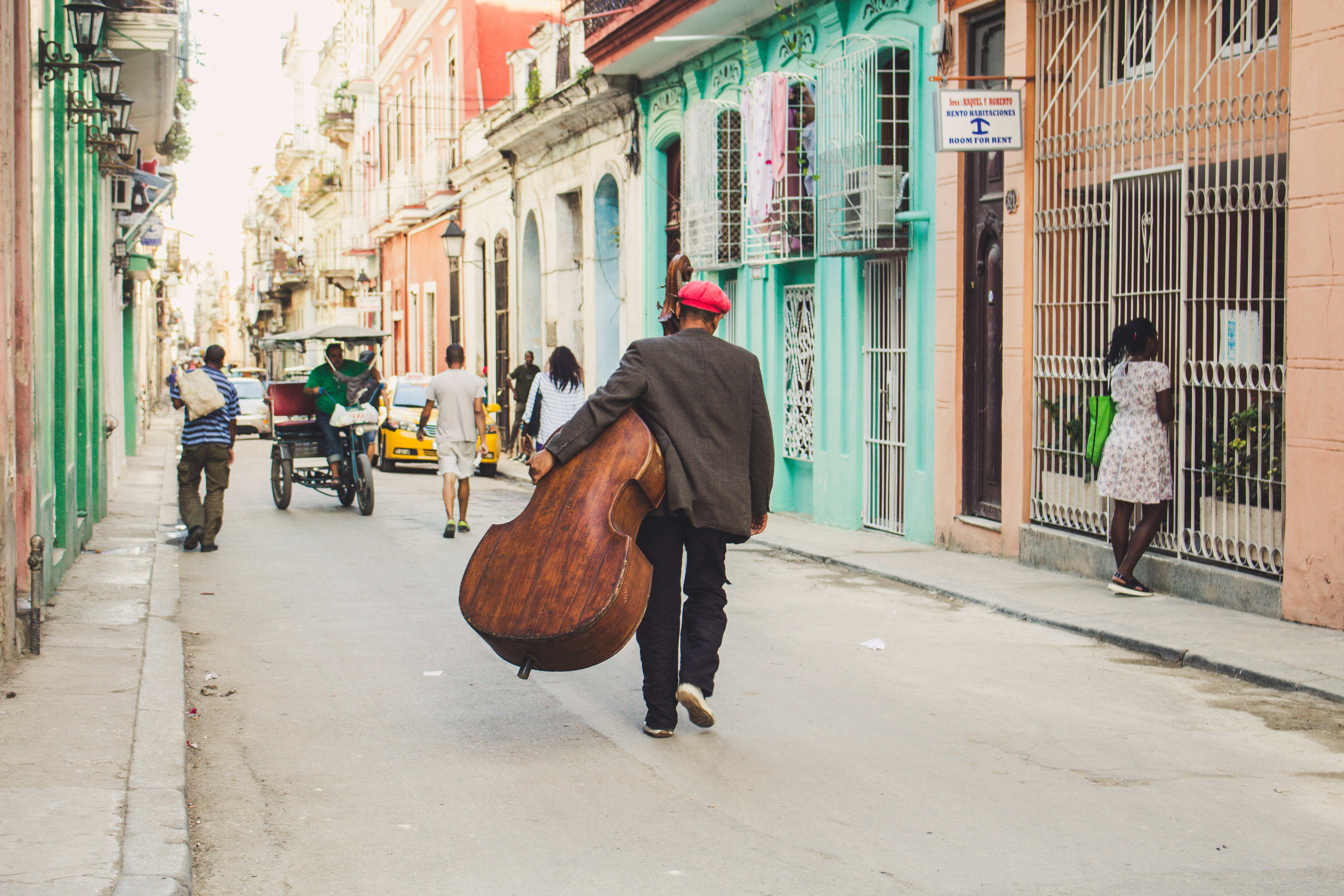 Cuba, red cap, large cello, 4K Desktop Wallpaper