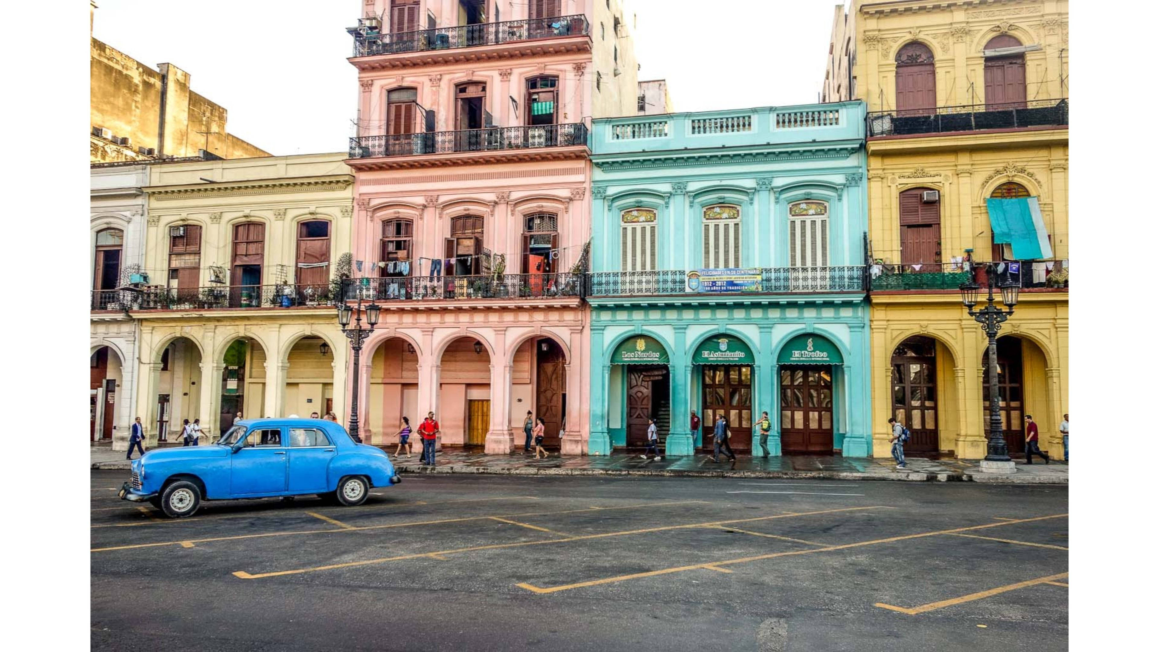 vintage blue car, pastel-colored colonial buildings, arched doorways, 4K Desktop Wallpaper