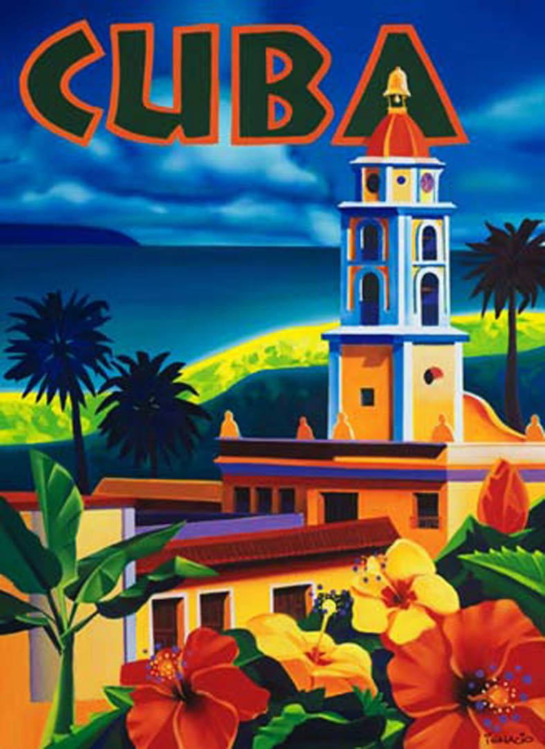 Cuba, vintage travel poster, colorful church tower, SD Phone Wallpaper
