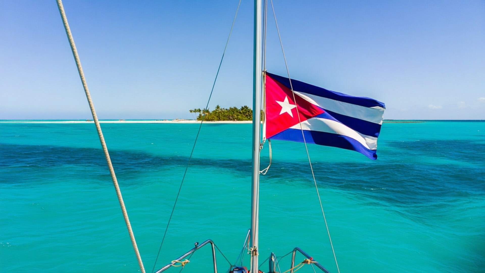 Cuban flag, sailboat mast, turquoise waters, Full HD Desktop Wallpaper