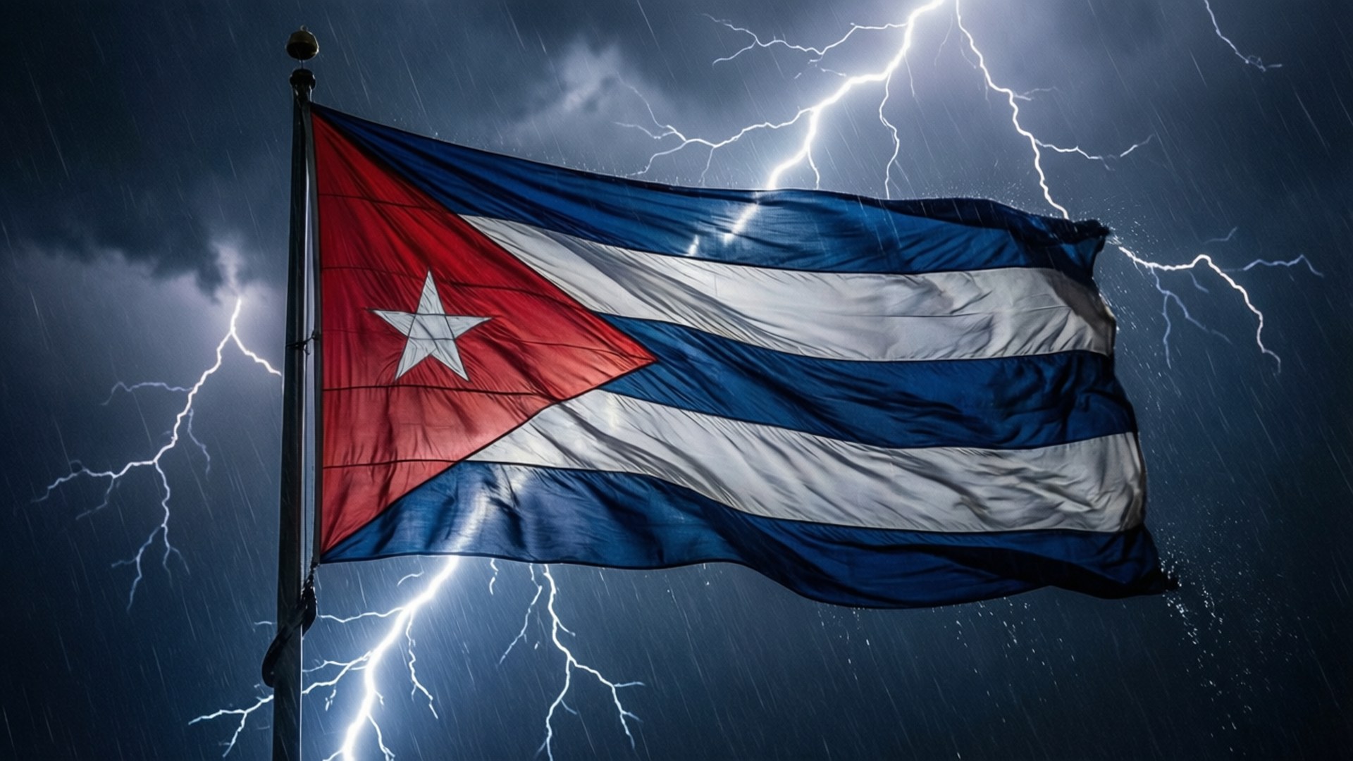 Cuban flag, lightning storm, dark rainy sky, Full HD Desktop Wallpaper