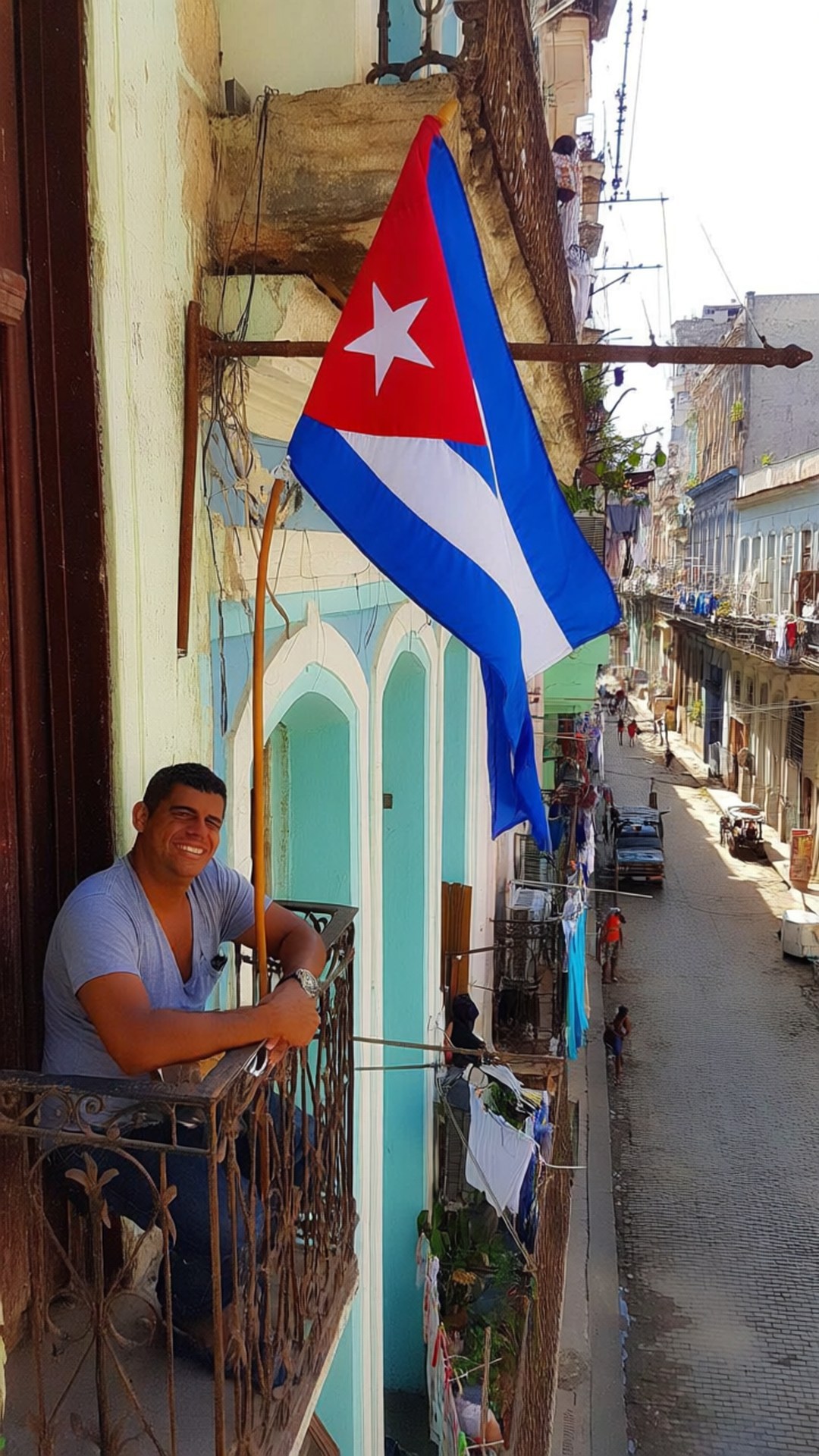 Cuban flag, balcony, narrow street, Full HD Phone Wallpaper
