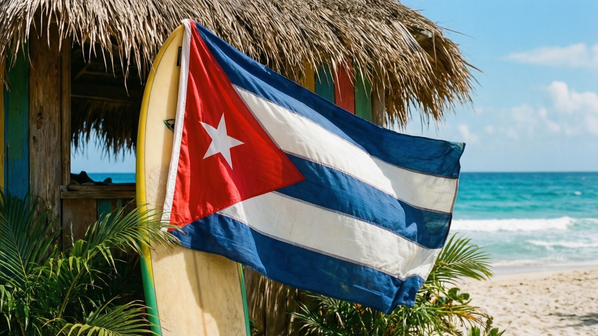 Cuban flag, surfboard, thatched beach hut, Full HD Desktop Wallpaper
