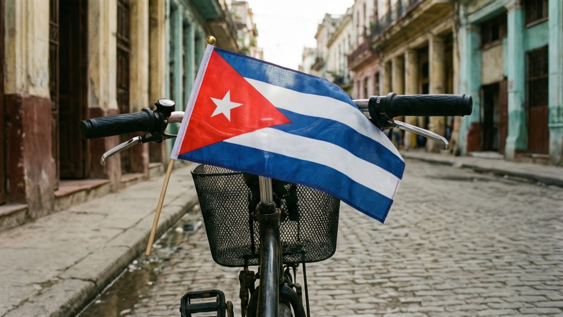 Cuban flag, bicycle handlebar, cobblestone street, Full HD Desktop Wallpaper