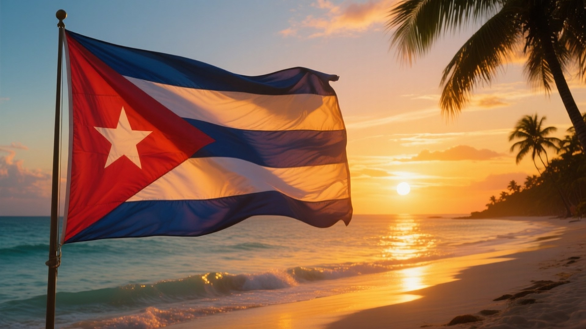 Cuban flag, tropical beach, golden sunset, Full HD Desktop Wallpaper