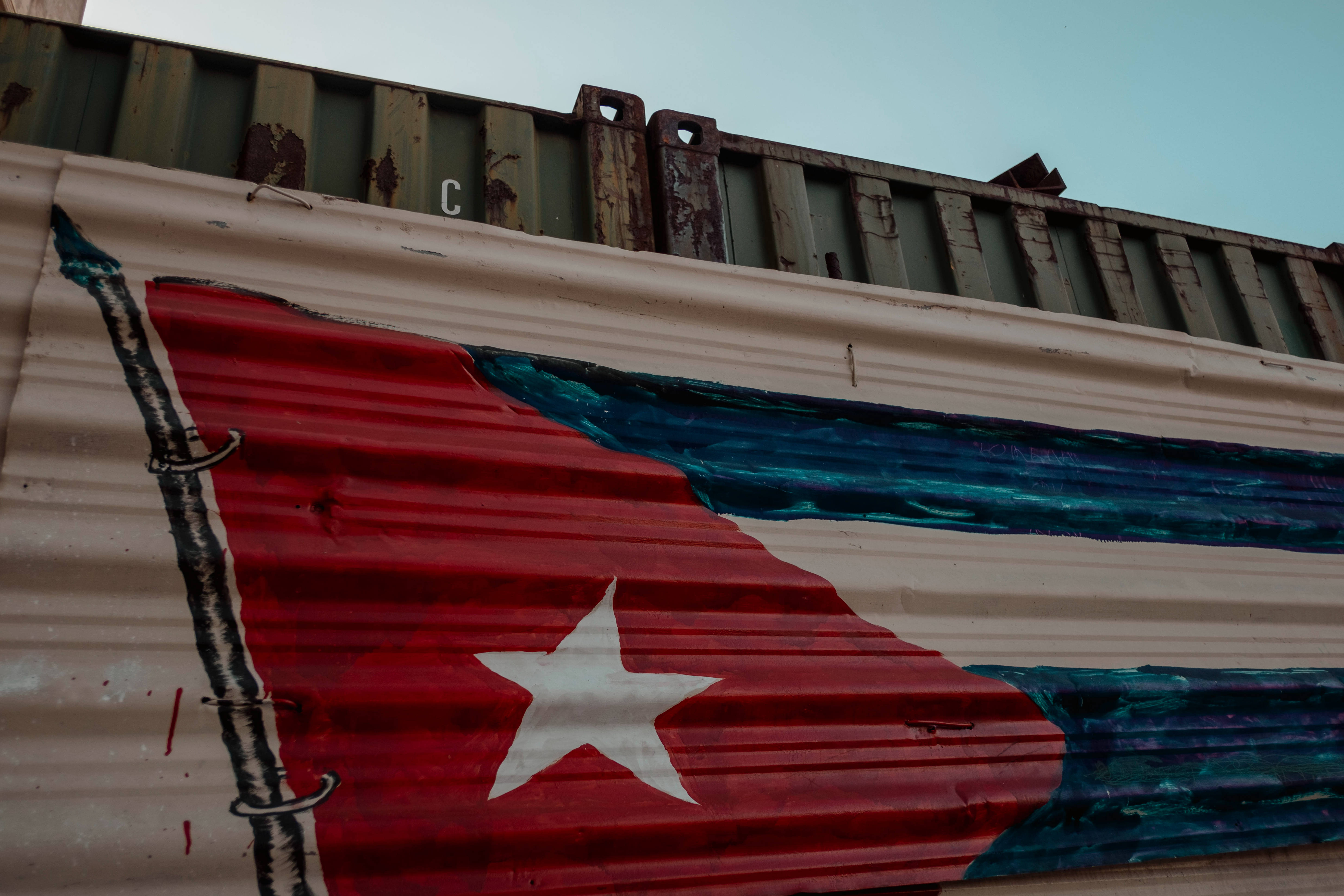Cuban flag, corrugated metal, rusty shipping container, 5K Desktop Wallpaper