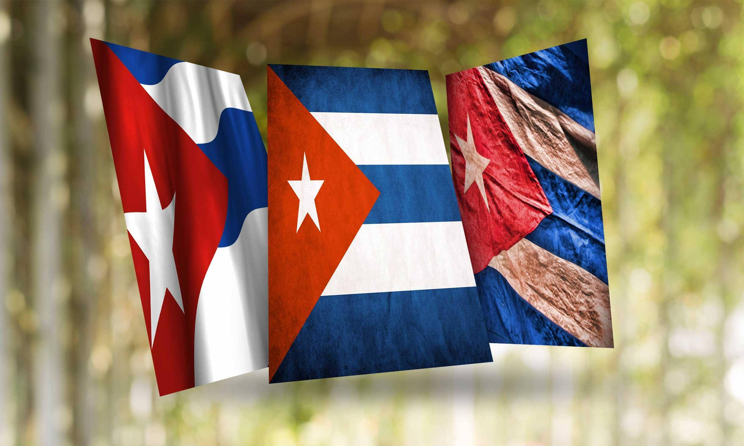 Cuban flag, sunlit forest, blurred green bokeh background, Full HD Desktop Wallpaper