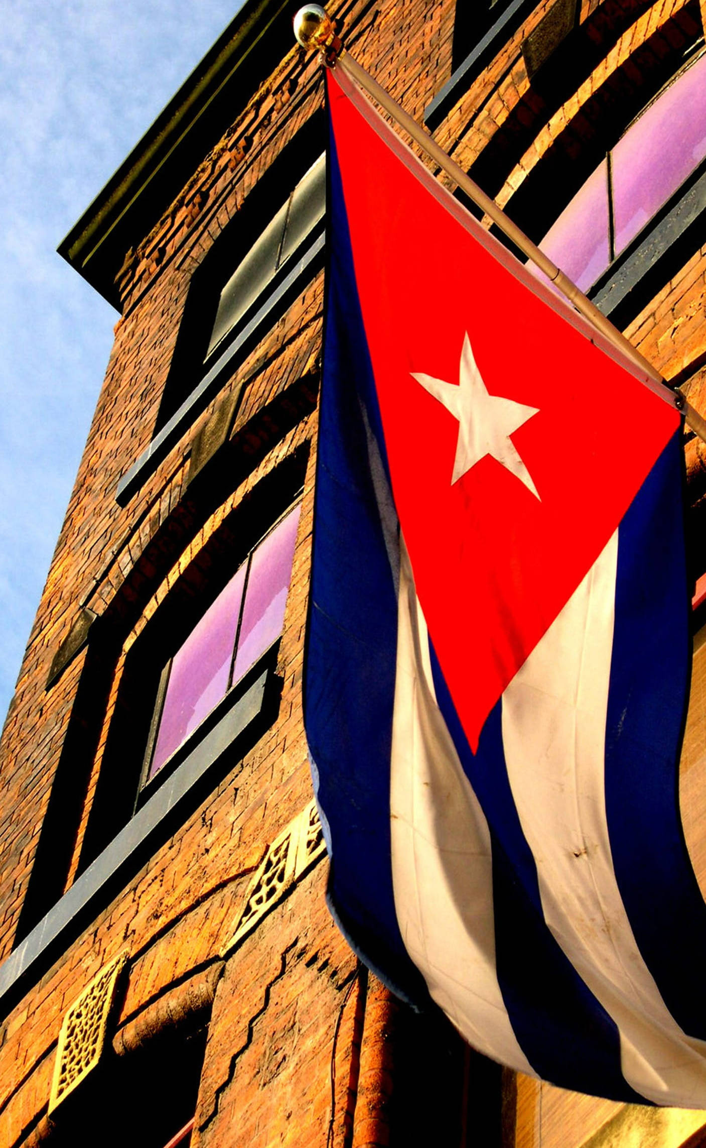 Cuban flag, brick building, clear blue sky, Full HD Phone Wallpaper