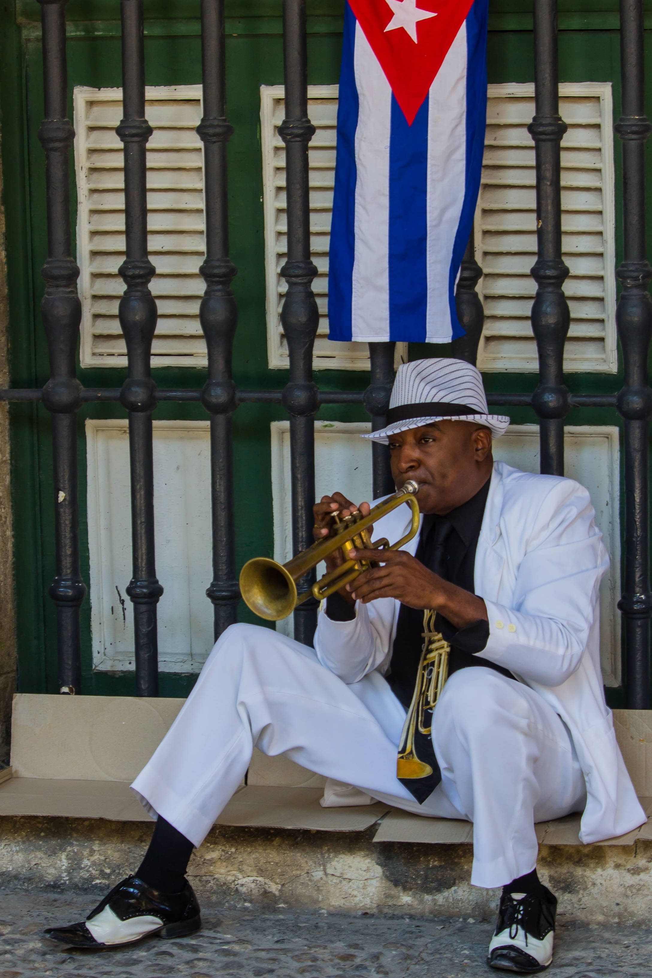 Cuban flag, trumpet player, white suit, 2K Phone Wallpaper