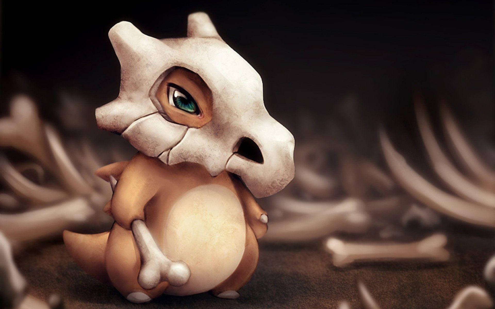 Cubone, glowing teal eyes, scattered bones, Full HD Desktop Wallpaper