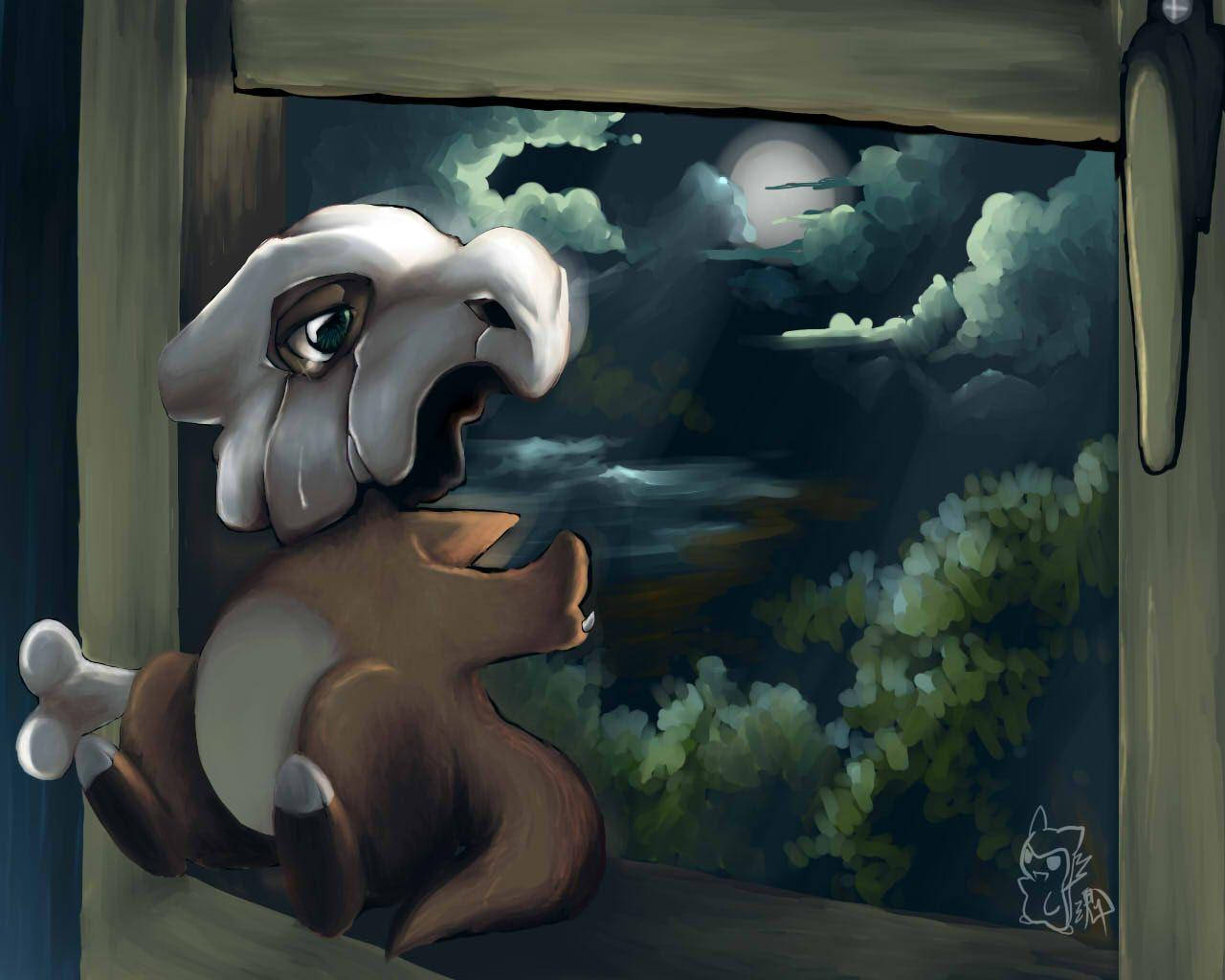 Cubone, window, moonlit night sky, HD Desktop Wallpaper