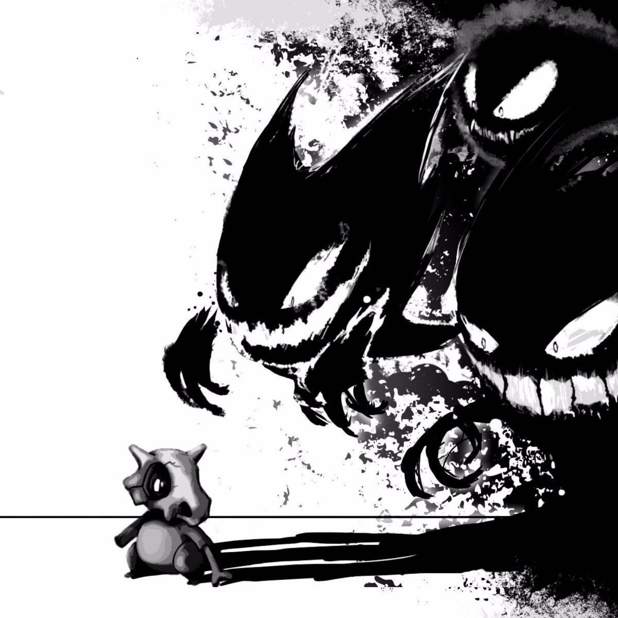 Cubone, glowing eyes, stark black and white ink, Full HD Desktop Wallpaper