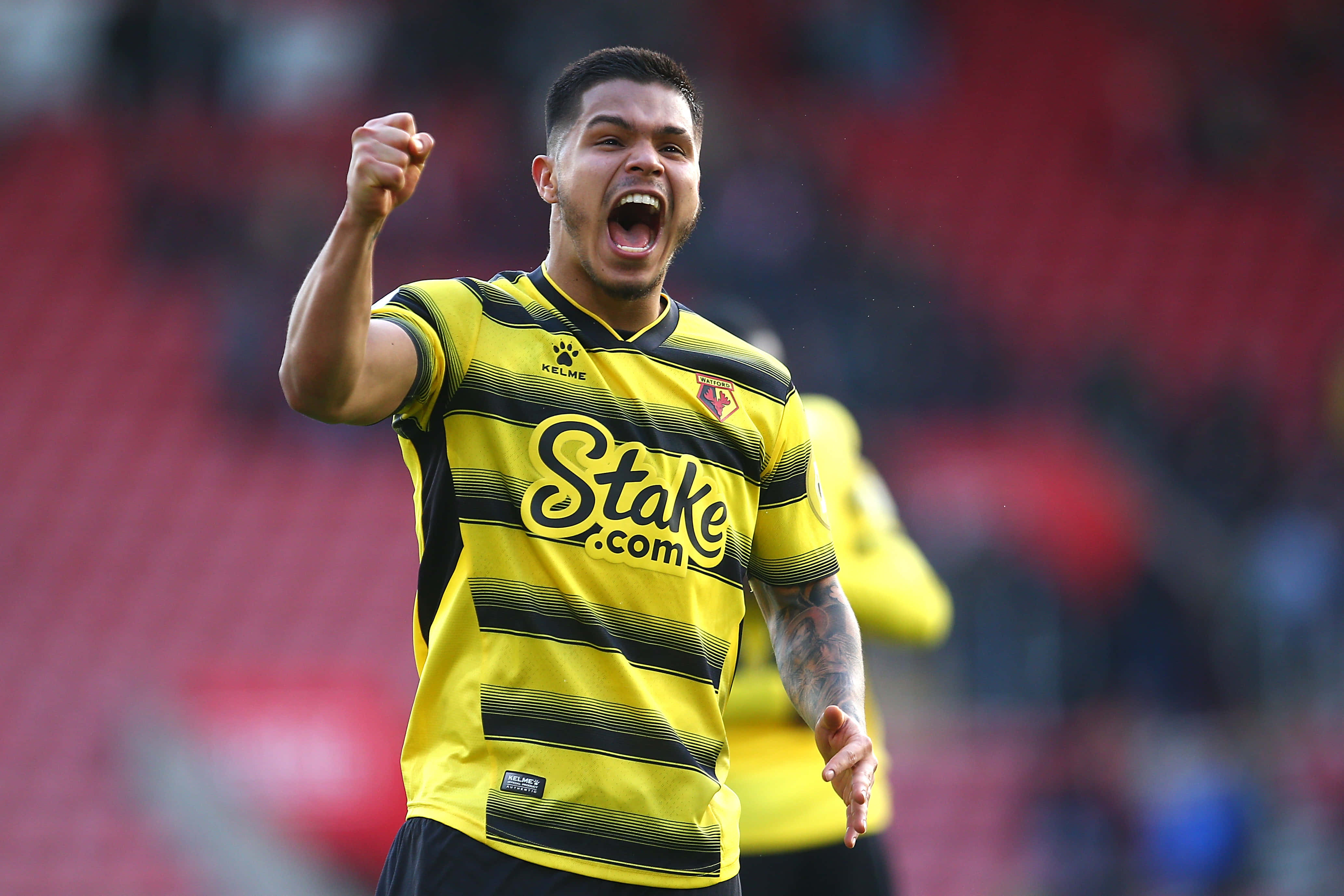 Cucho Hernandez, yellow and black striped jersey, stadium pitch, 4K Desktop Wallpaper