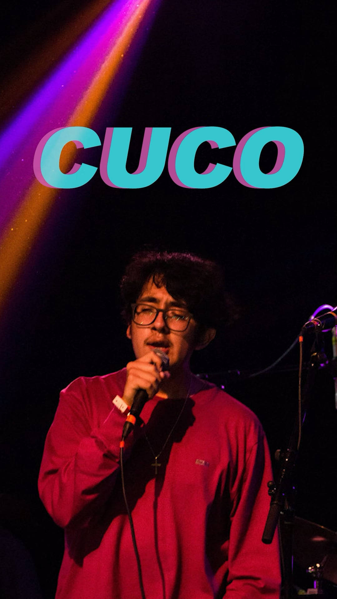 Cuco, vibrant purple and orange stage lights, glowing CUCO text, Full HD Phone Wallpaper