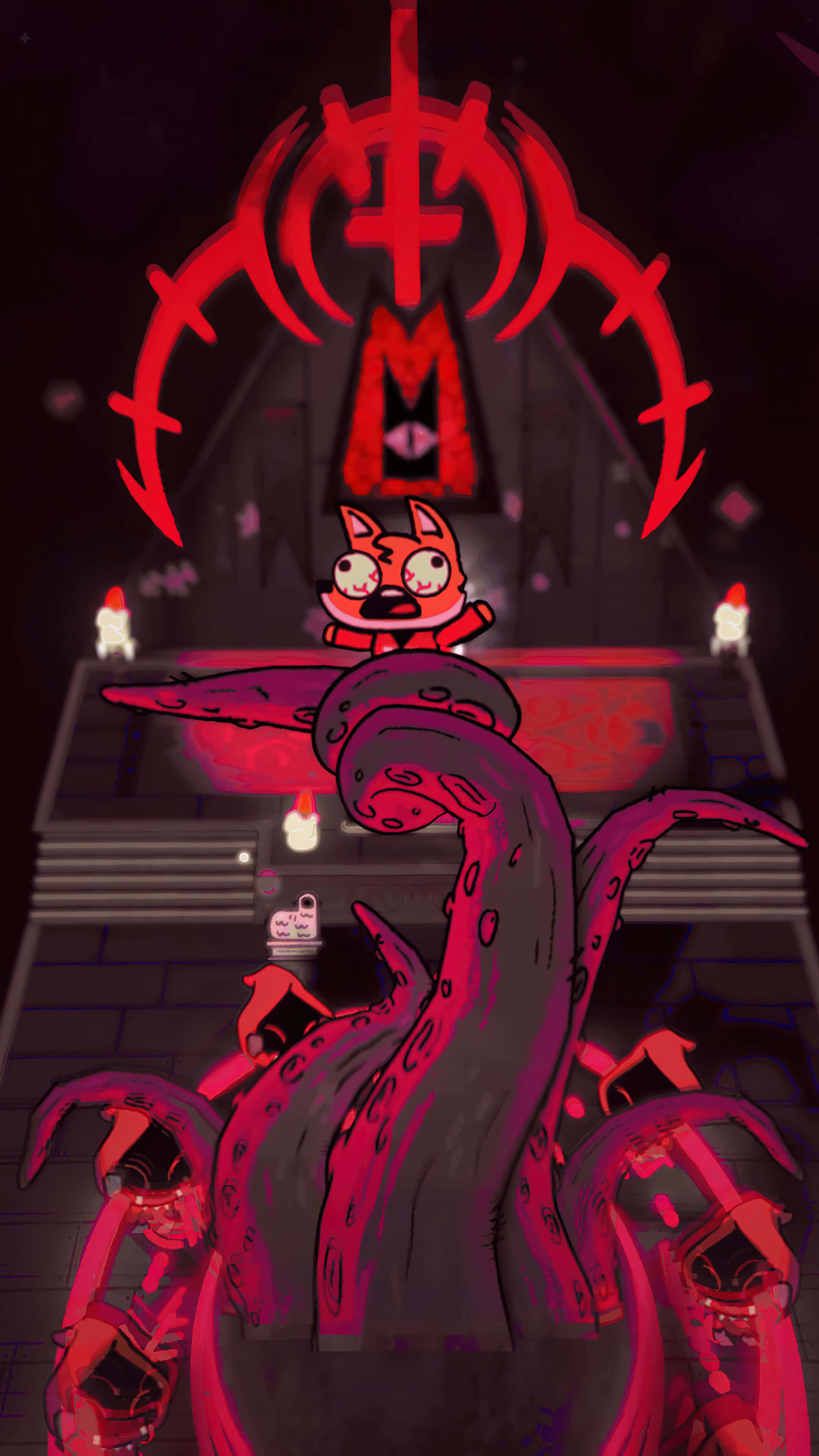 Cult Of The Lamb, dark ritual chamber, giant octopus, 4K Phone Wallpaper