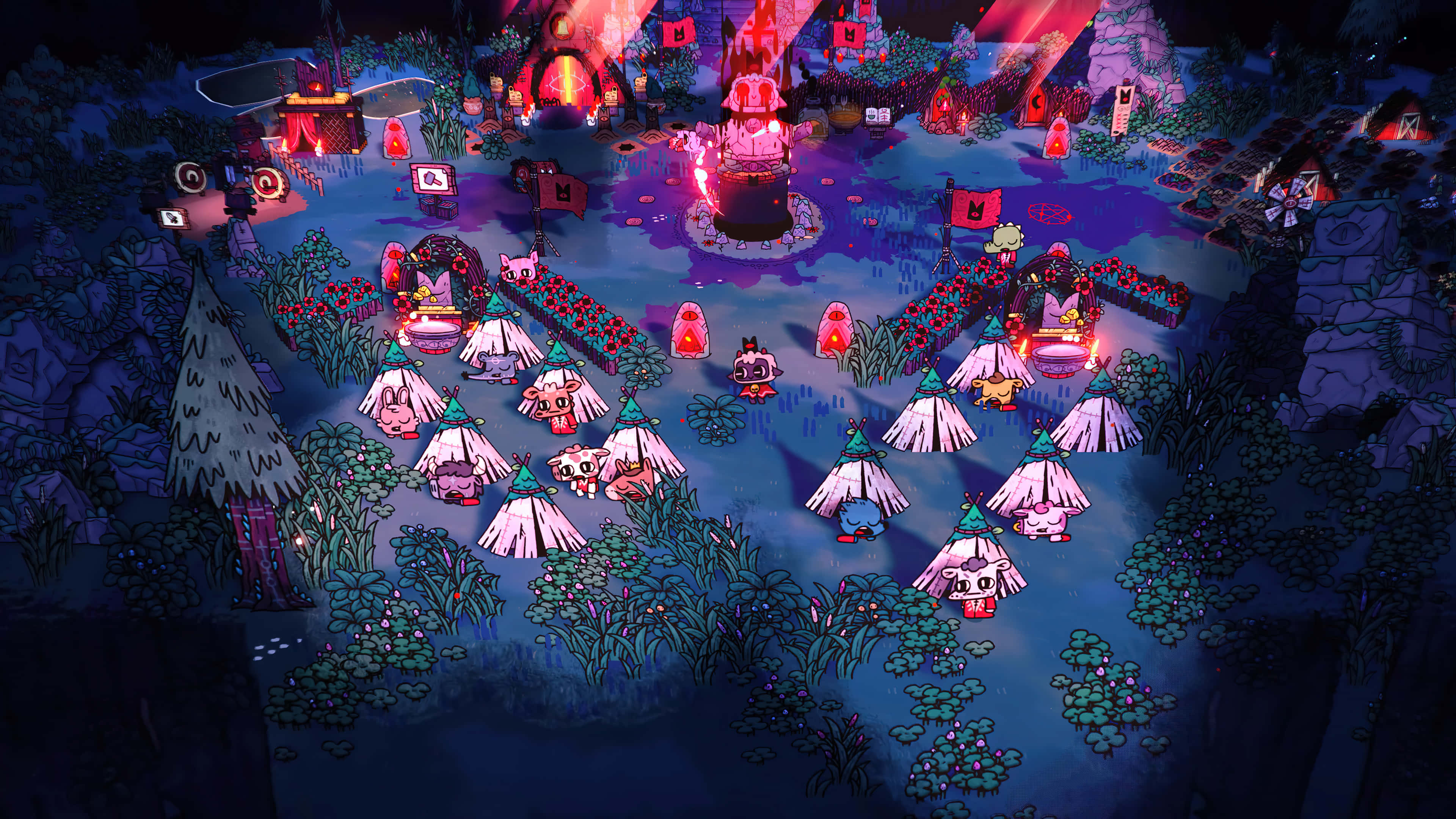 Cult Of The Lamb, nighttime ritual scene, glowing red structures, 4K Desktop Wallpaper