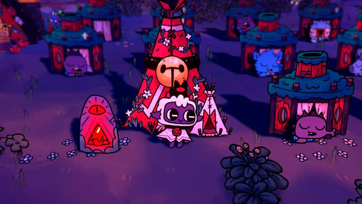 Cult Of The Lamb, nighttime village scene, purple night scene, SD Desktop Wallpaper