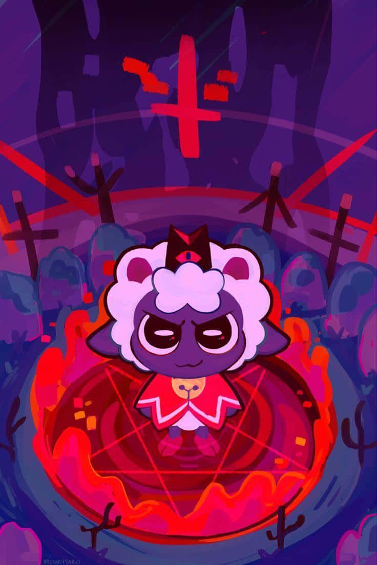 Cult Of The Lamb, purple cartoon sheep, red bow, SD Phone Wallpaper