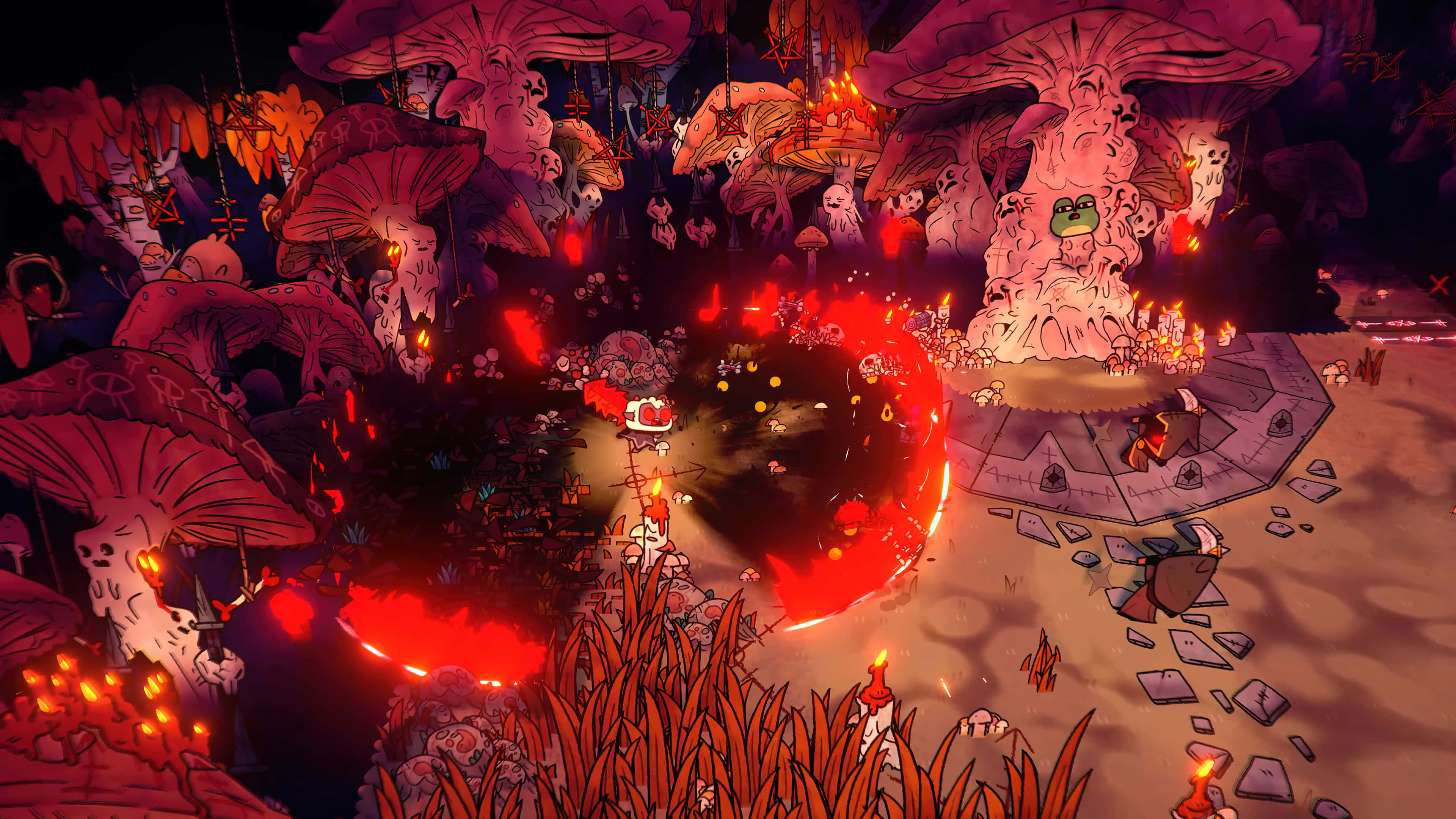Cult Of The Lamb, glowing mushrooms, surreal fantasy forest, 4K Desktop Wallpaper