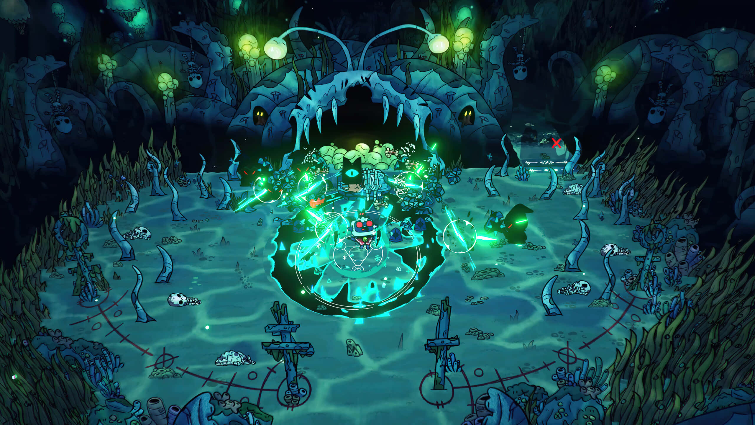 Cult Of The Lamb, battle against darkness, glowing green magical ritual, 2K Desktop Wallpaper