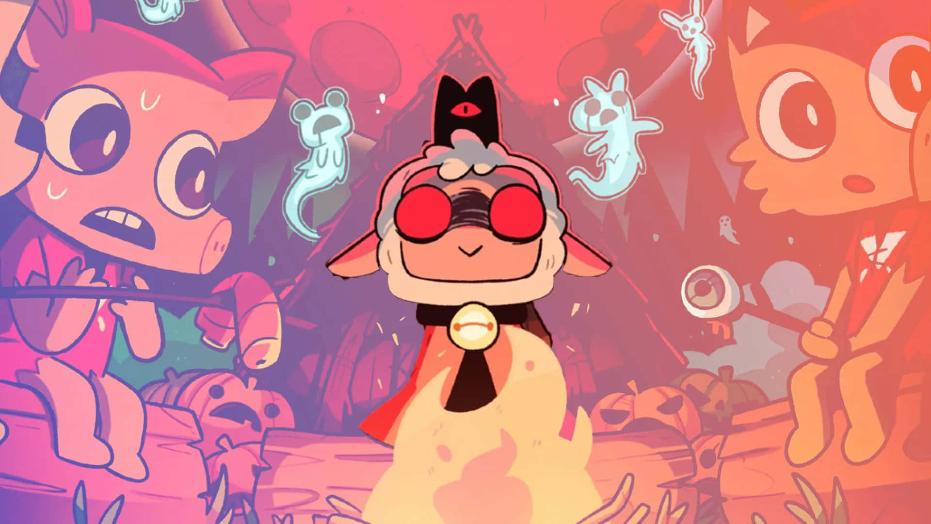 Cult Of The Lamb, red goggles, cape, Full HD Desktop Wallpaper