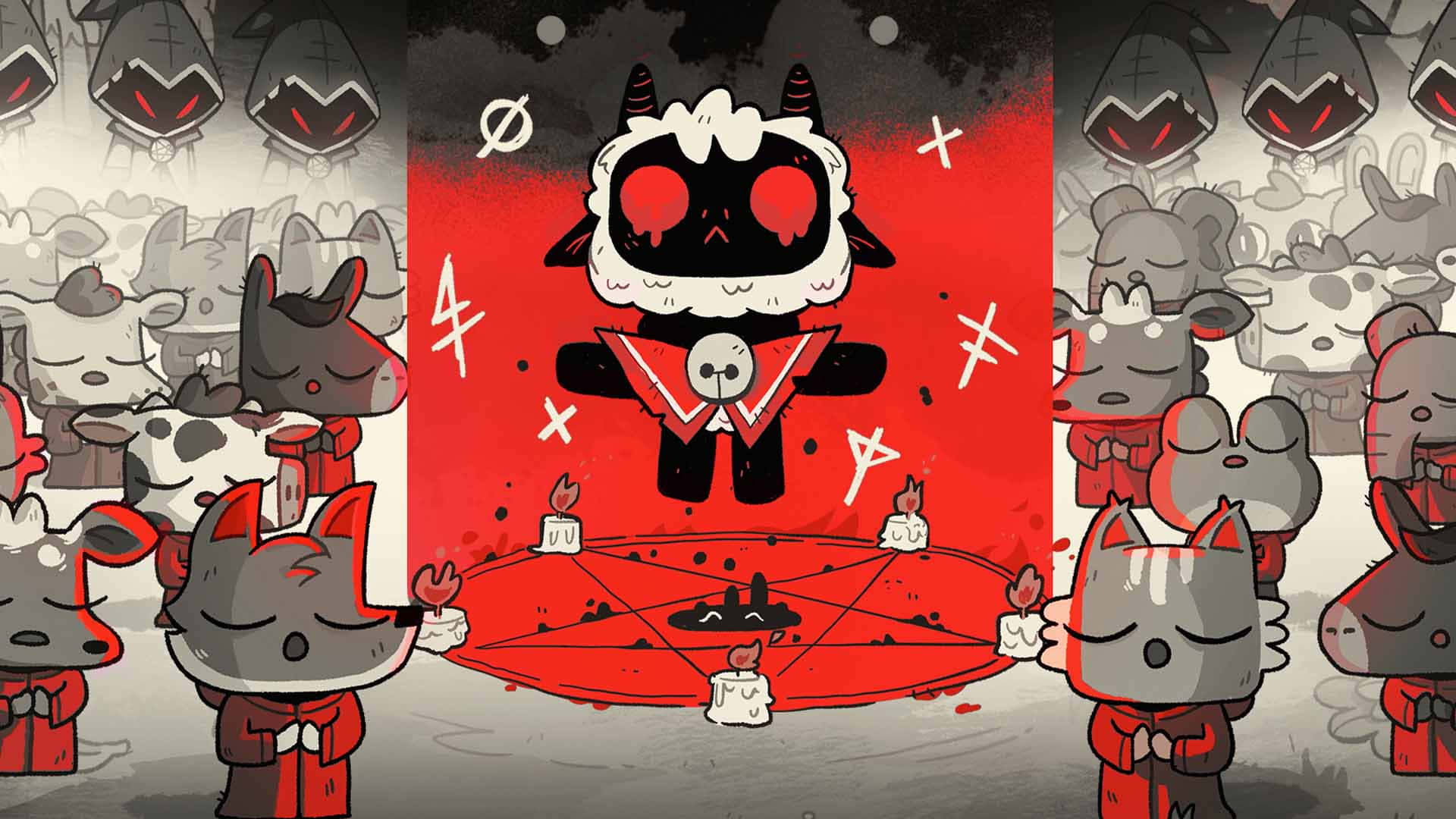 Cult Of The Lamb, black sheep, red eyes, Full HD Desktop Wallpaper