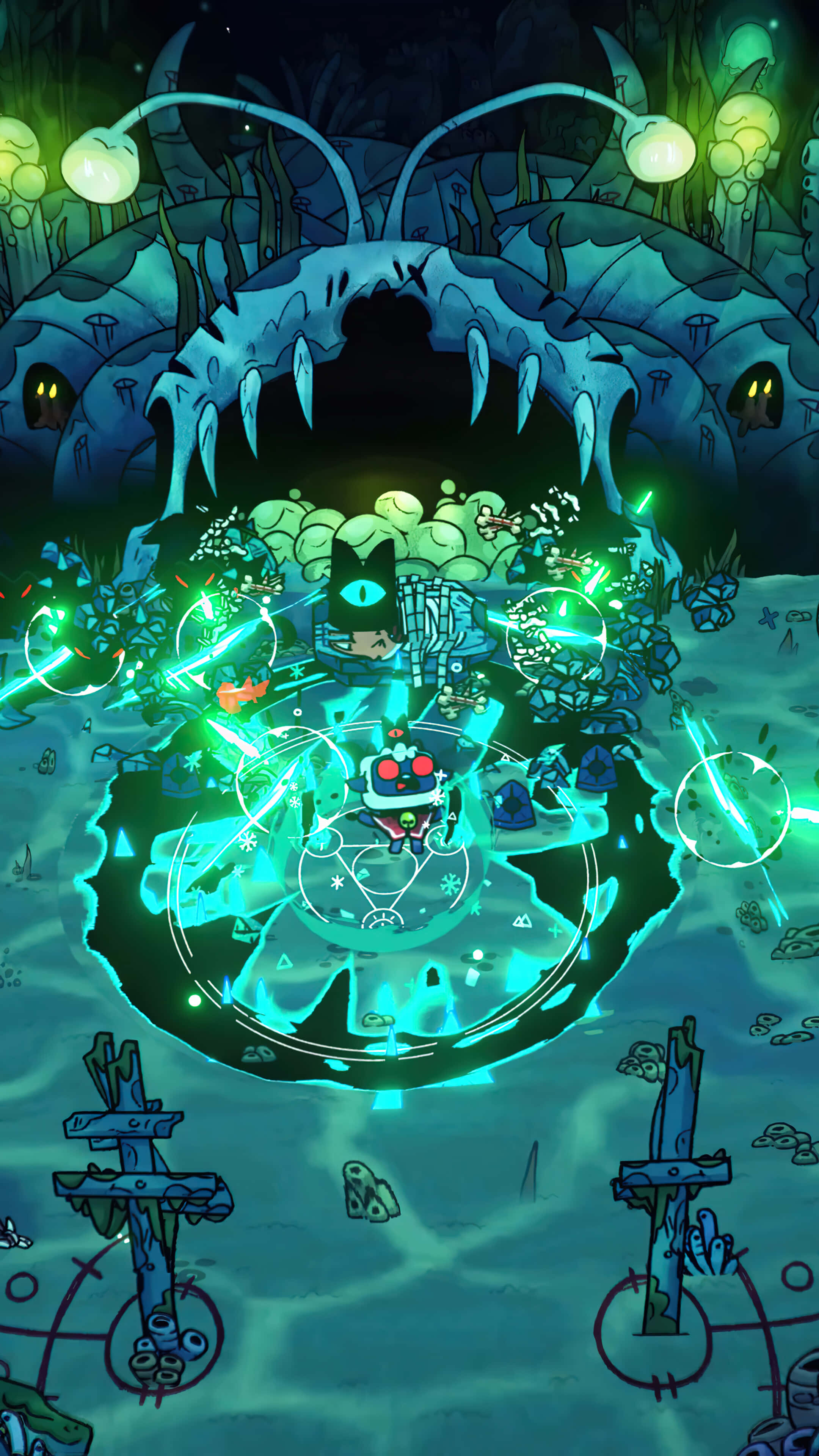 Cult Of The Lamb, ritual summoning scene, cartoon cat, 4K Phone Wallpaper