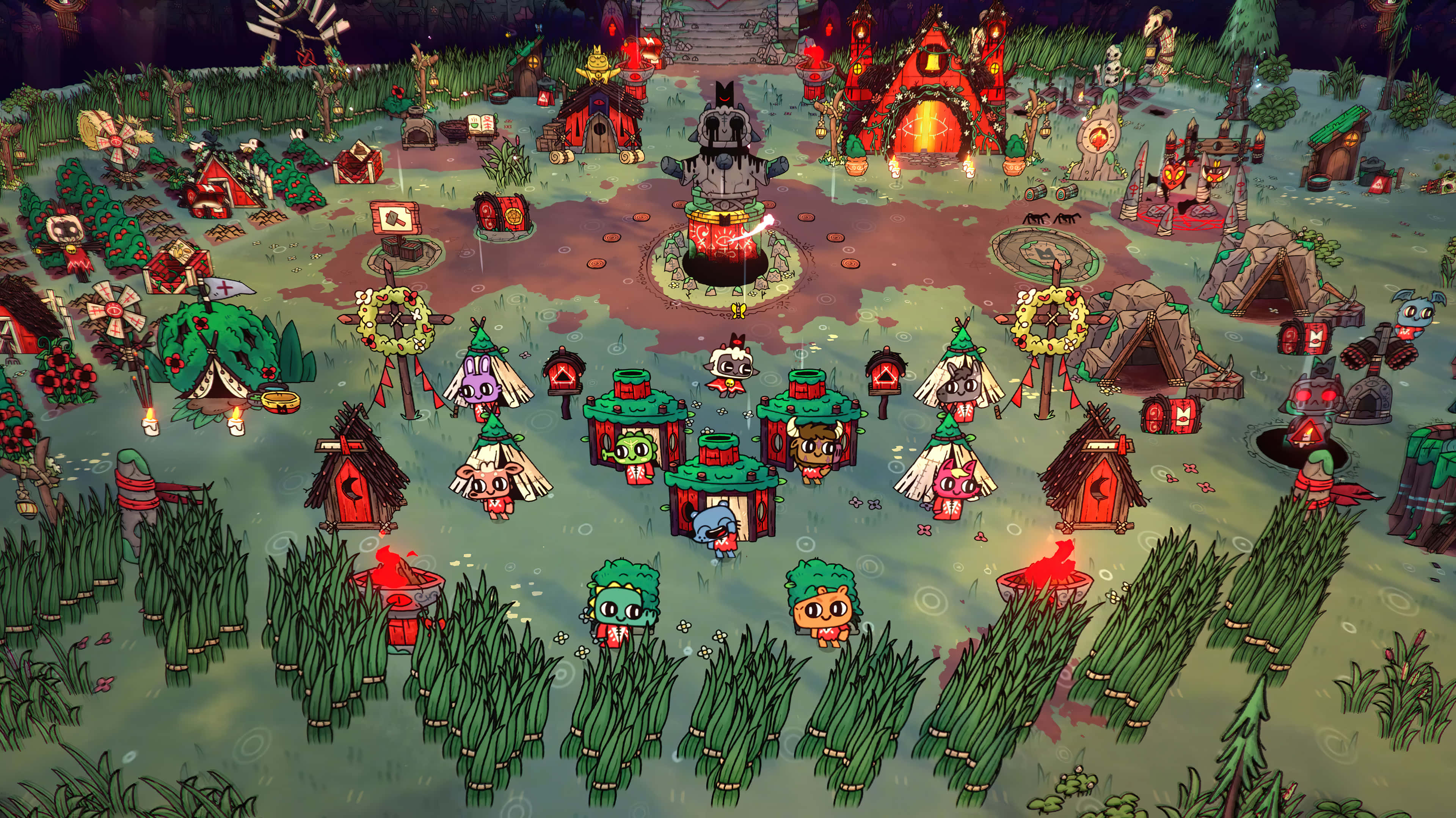 Cult Of The Lamb, vibrant village scene, pixel-art village, 4K Desktop Wallpaper