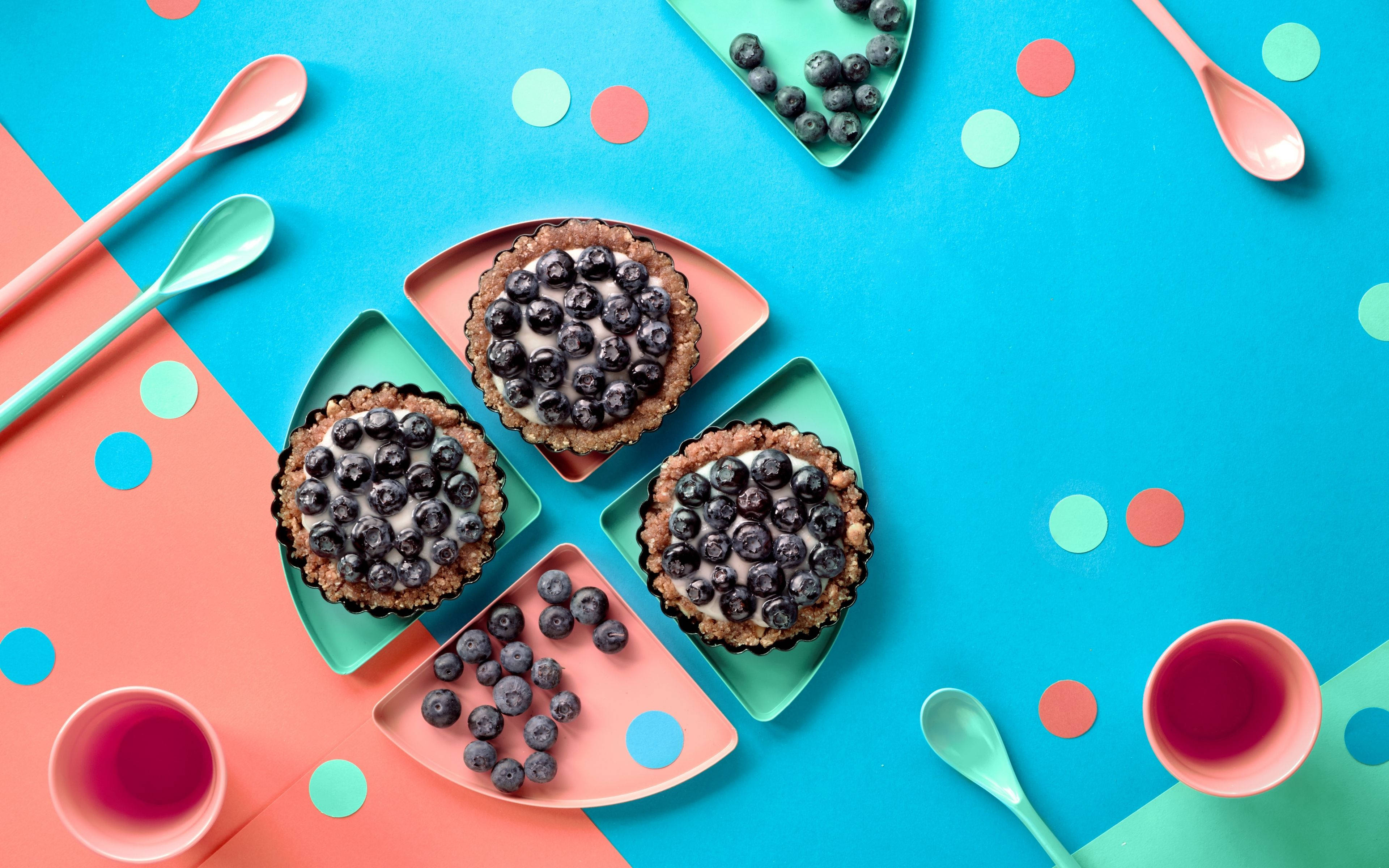 blueberry cupcake, blueberry tarts, colorful geometric plates, 4K Desktop Wallpaper