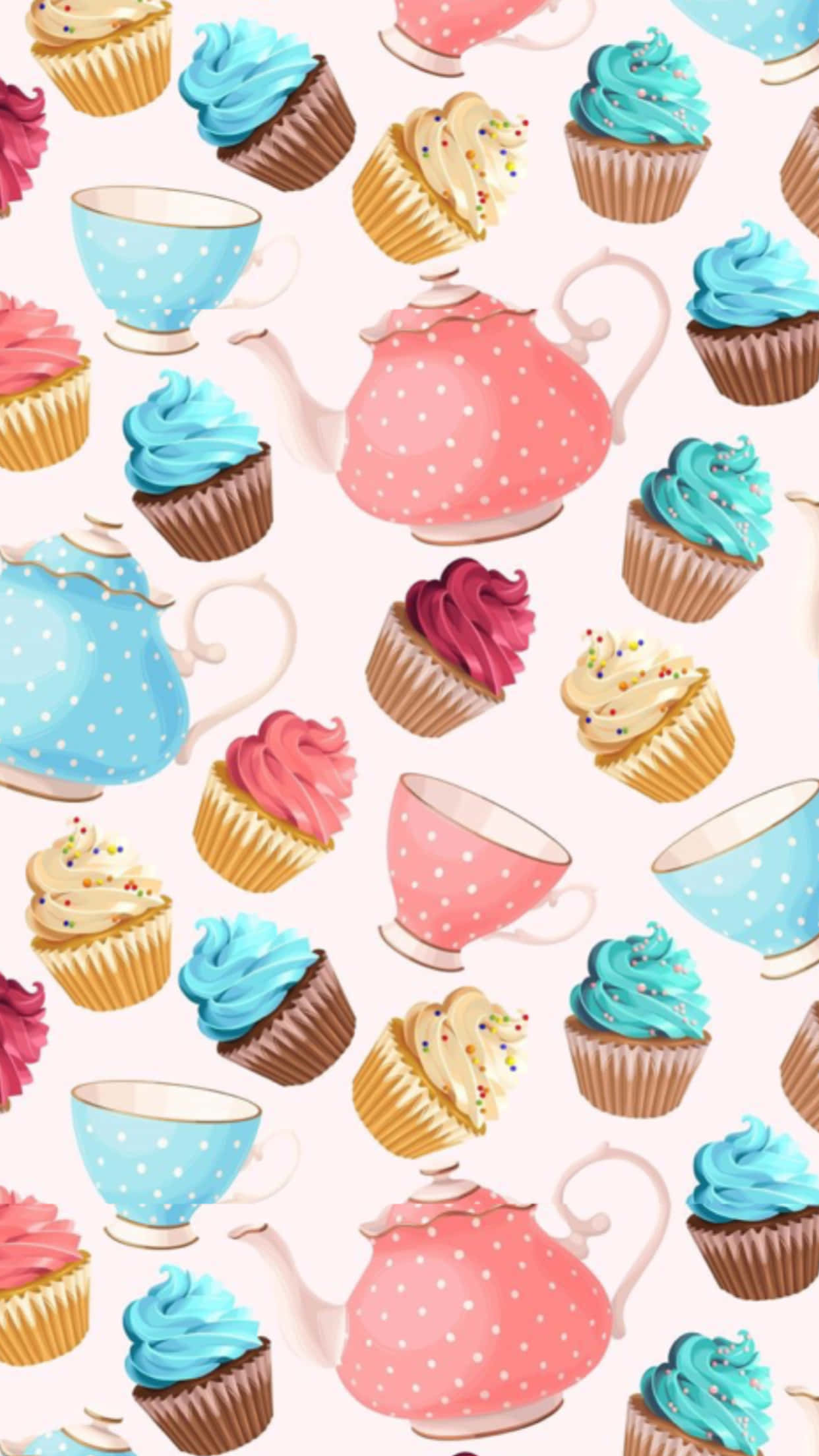 Baking iPhone, pastel polka-dotted teapots, cupcakes with colorful frosting, Full HD Phone Wallpaper